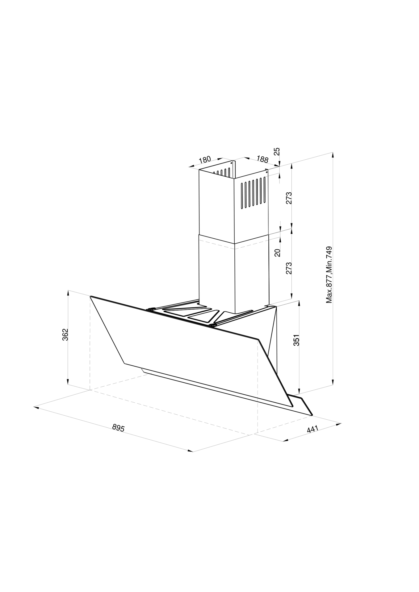 Technische tekening van een afzuigkap, met afmetingen en hoeken.