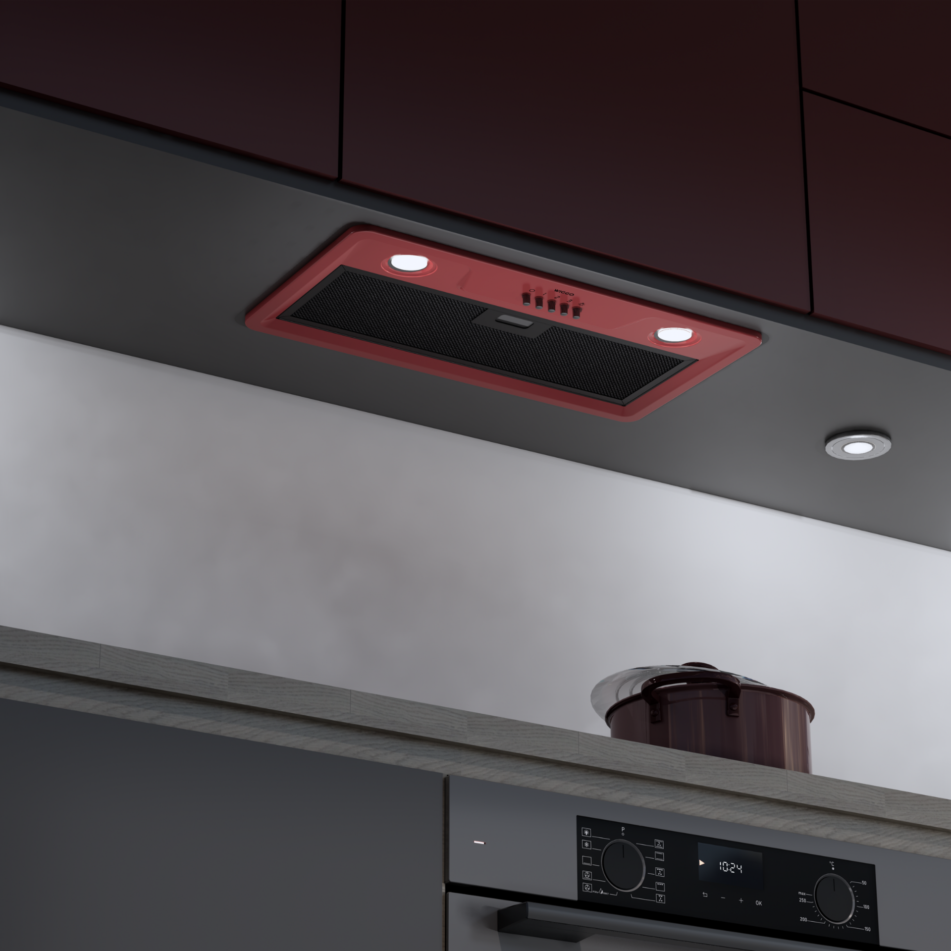 Hotte rouge installée dans une cuisine, avec un panneau noir.