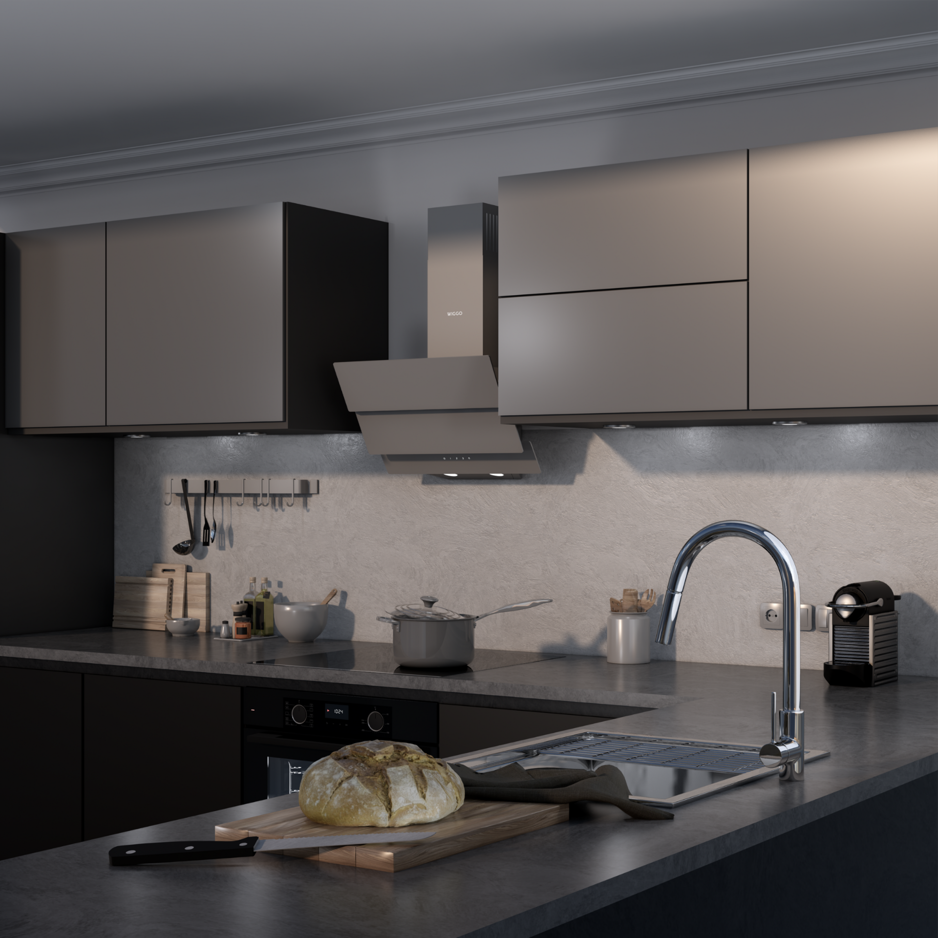 Kitchen with cabinets, stainless steel faucet, bread, pot on stove, a range hood, and a black countertop.