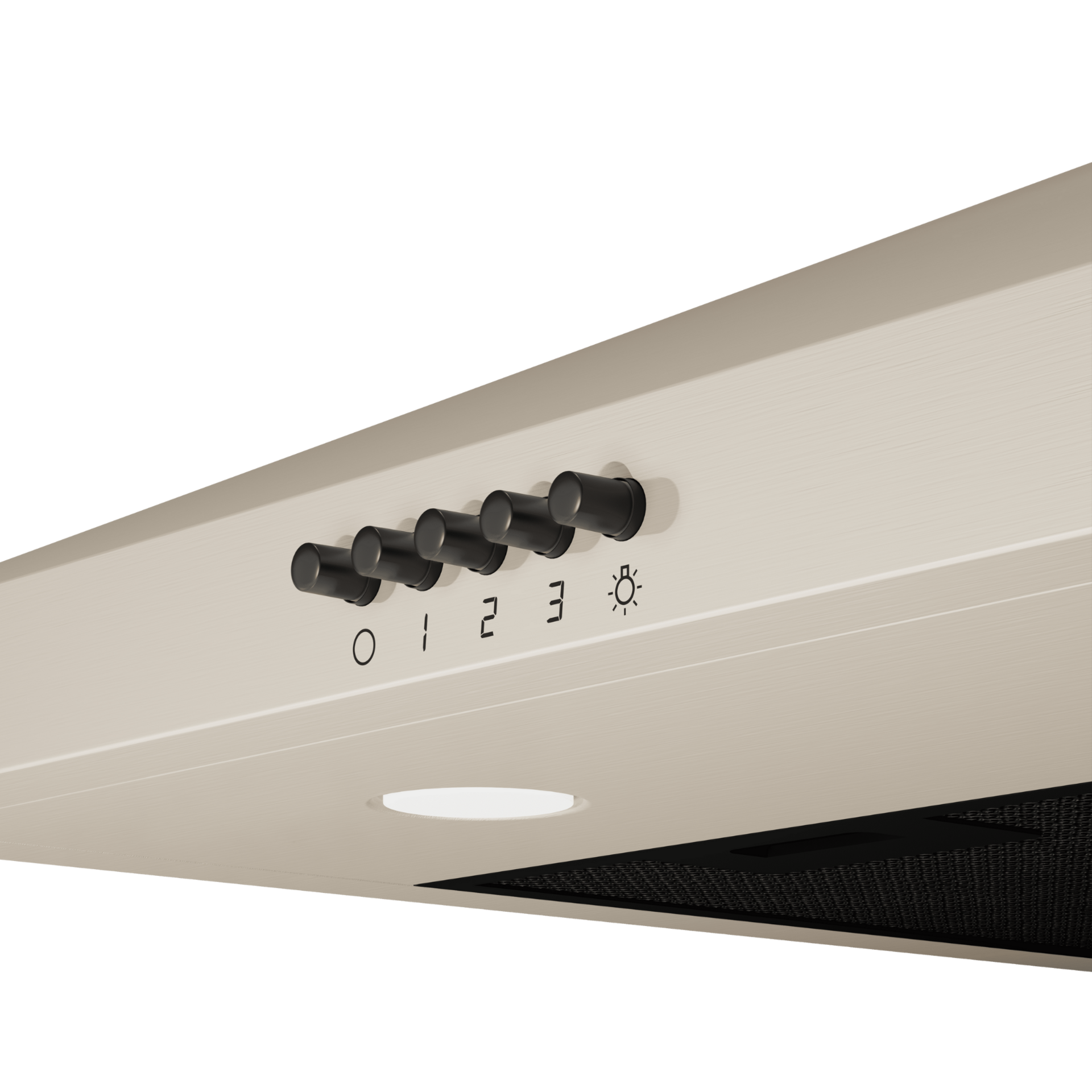 Gros plan sur les commandes de la hotte. Surface beige avec boutons noirs, lumières et ventilation.