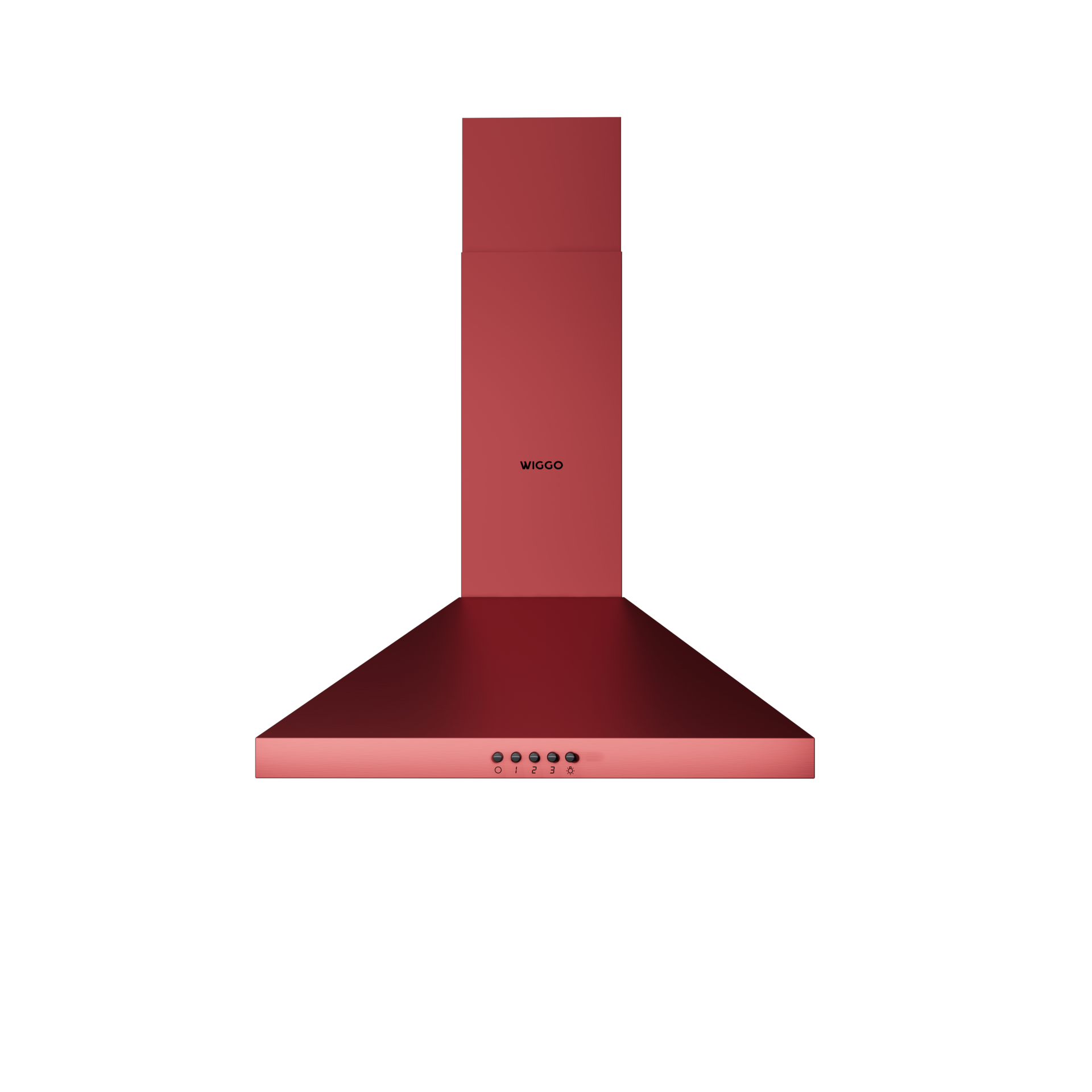 Hotte aspirante Wiggo rouge avec design angulaire et commandes, fond noir.
