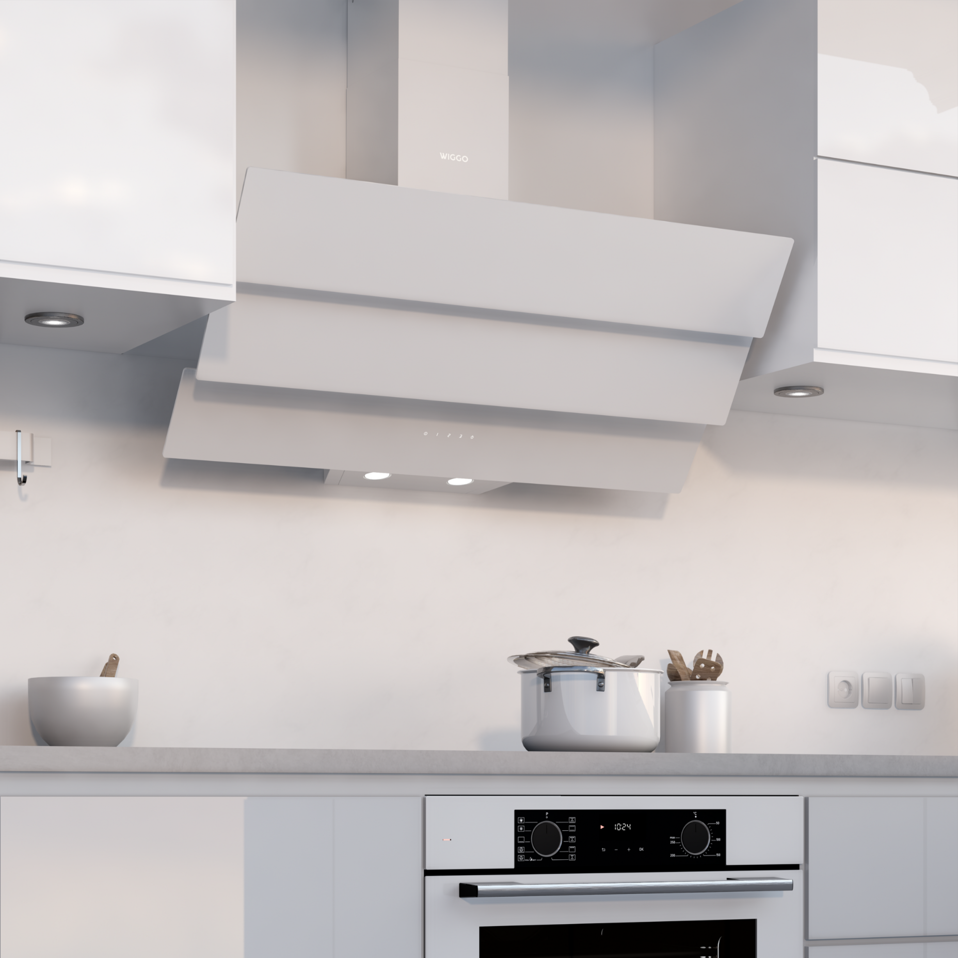 A white kitchen with a range hood with the brand name 'WIGGO', and a oven.