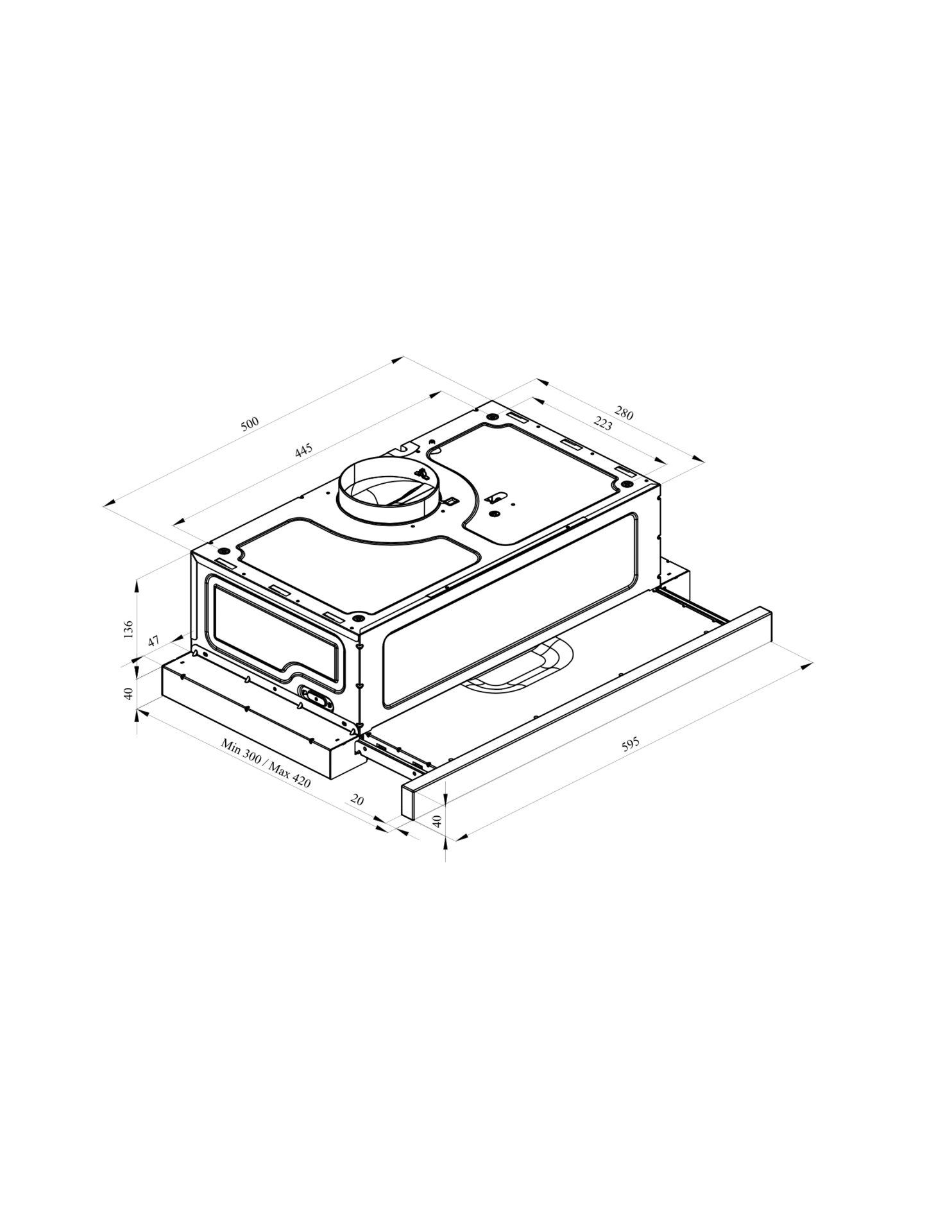 Vue isométrique d'une hotte de cuisine métallique, avec dimensions et étiquettes.