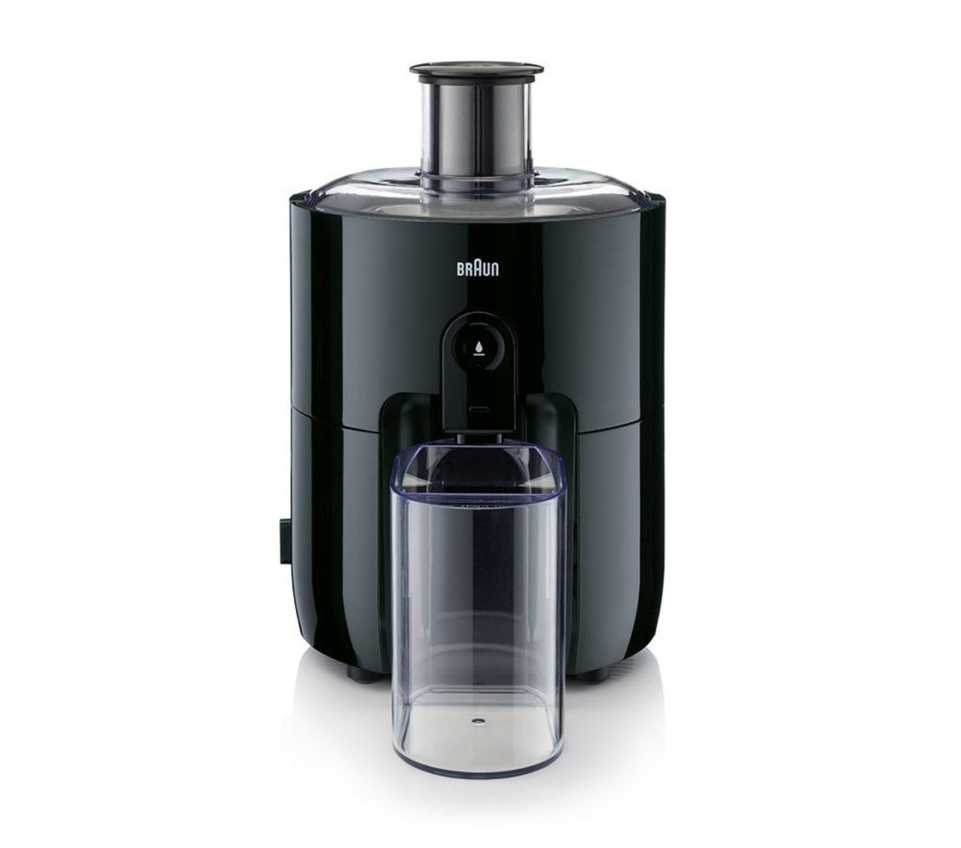 Exprimidor Braun negro, con recipiente de zumo transparente, aislado en fondo blanco.