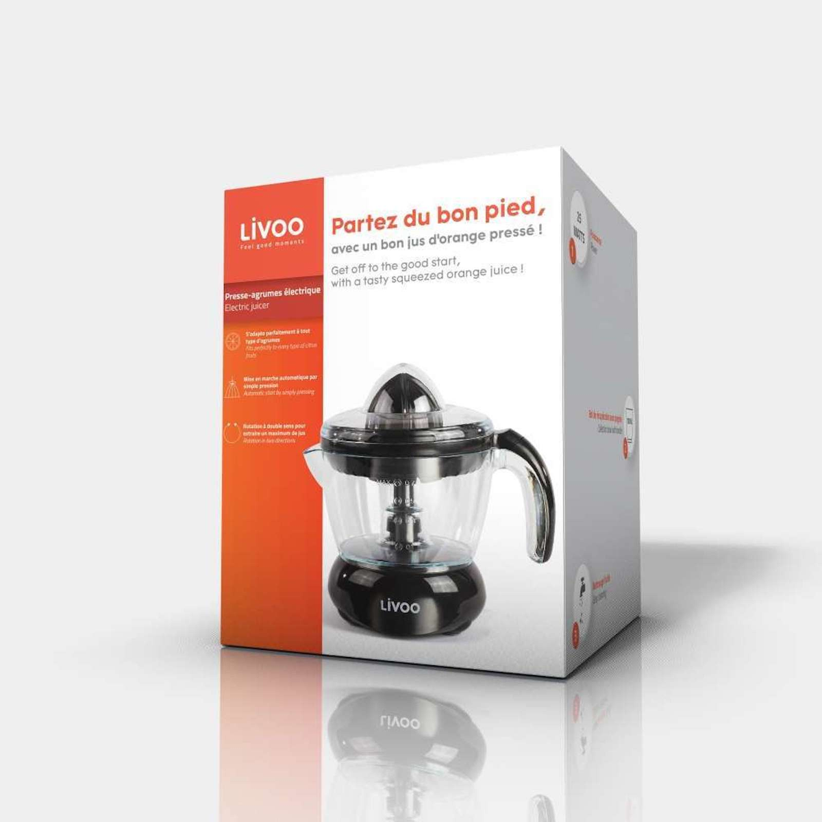 Caja de exprimidor con imagen del exprimidor y vaso de zumo de naranja. Texto en francés.