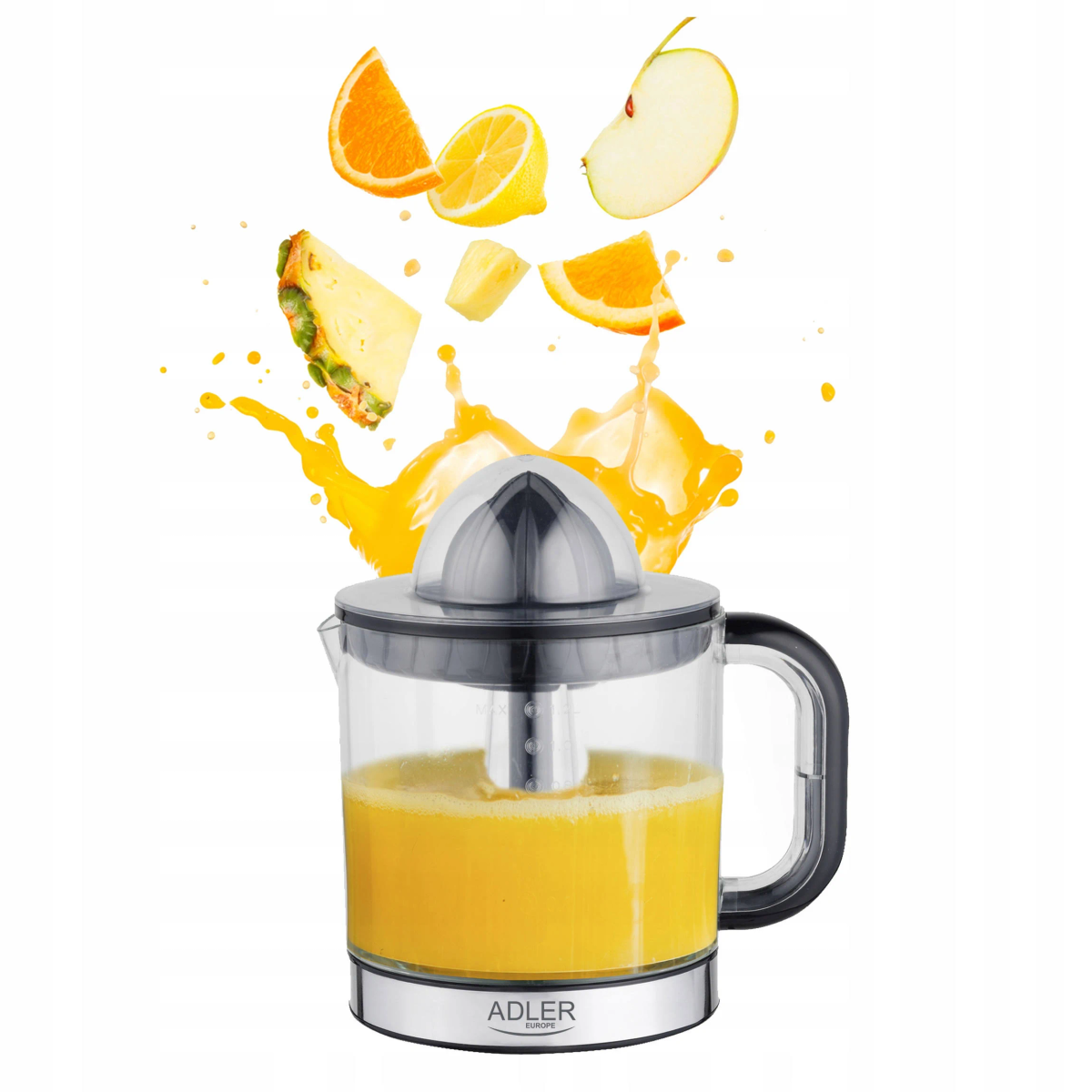 Máquina de jugo con frutas cayendo. Naranja, limón, manzana, piña y jugo.