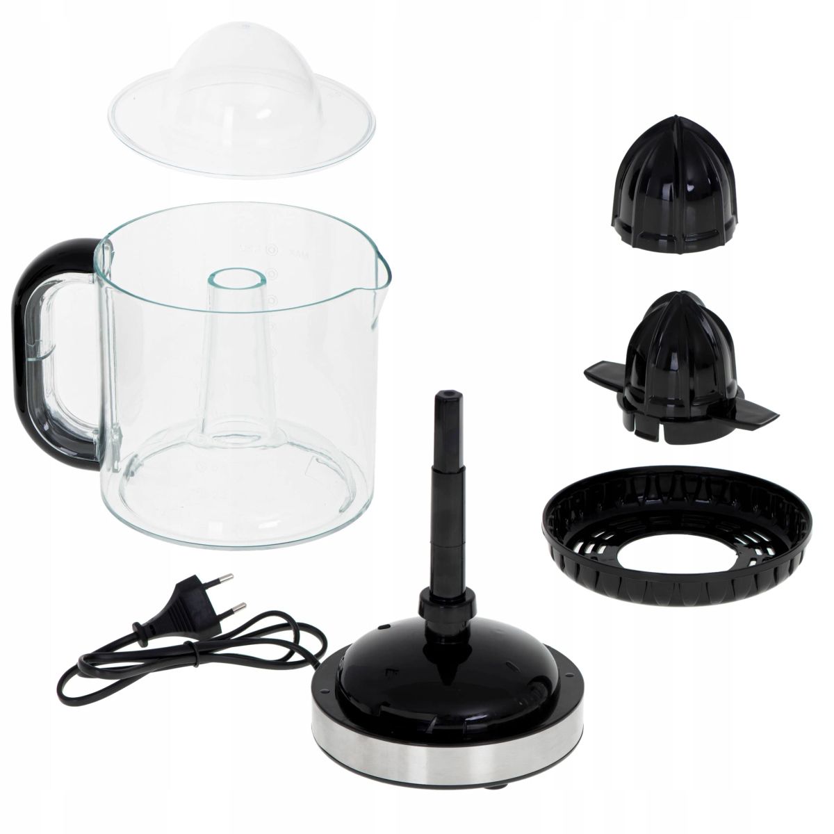 Piezas de una licuadora: jarra, tapa, cuchillas, base y cable de alimentación.