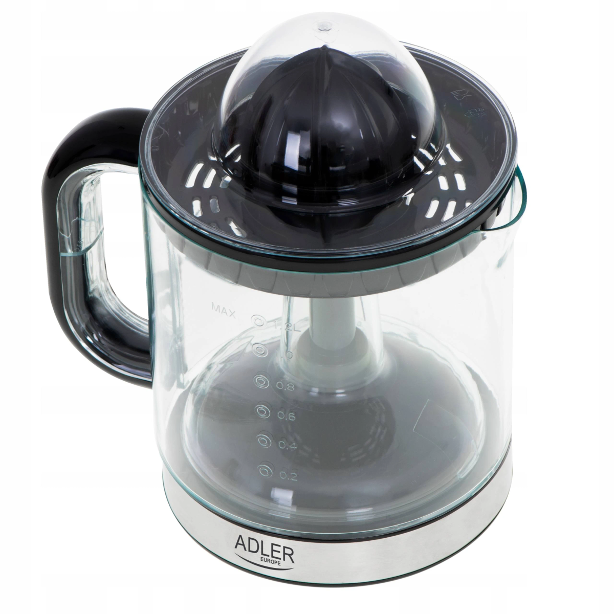Una exprimidora transparente con tapa negra y un recipiente transparente, que muestra el interior claro.