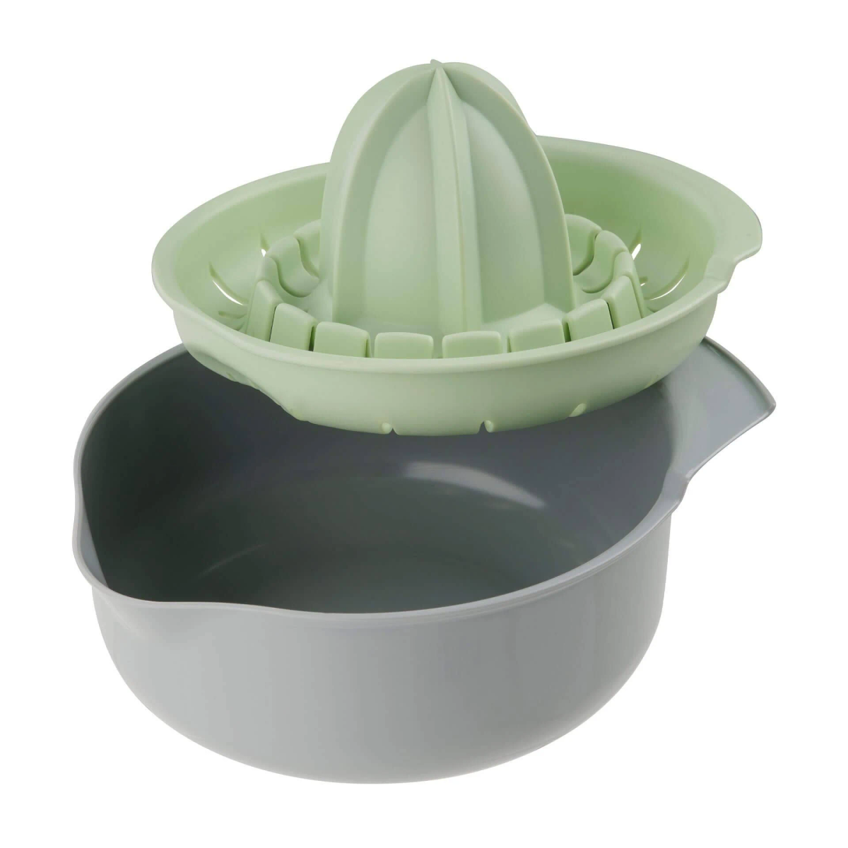 Spremiagrumi verde e grigio su sfondo bianco.