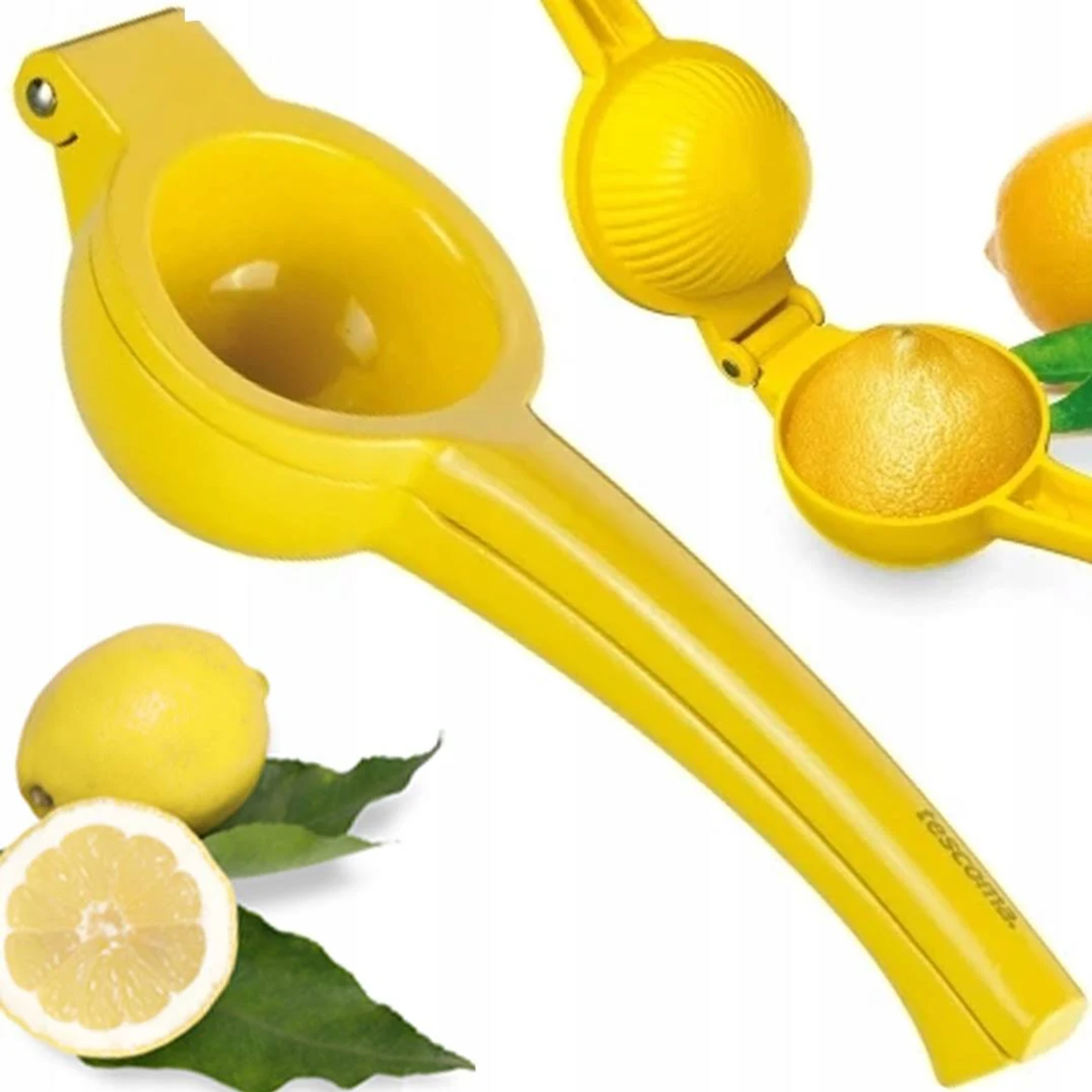 Żółta wyciskarka do cytryn z cytrynami i przekrojoną cytryną z zielonymi liśćmi.