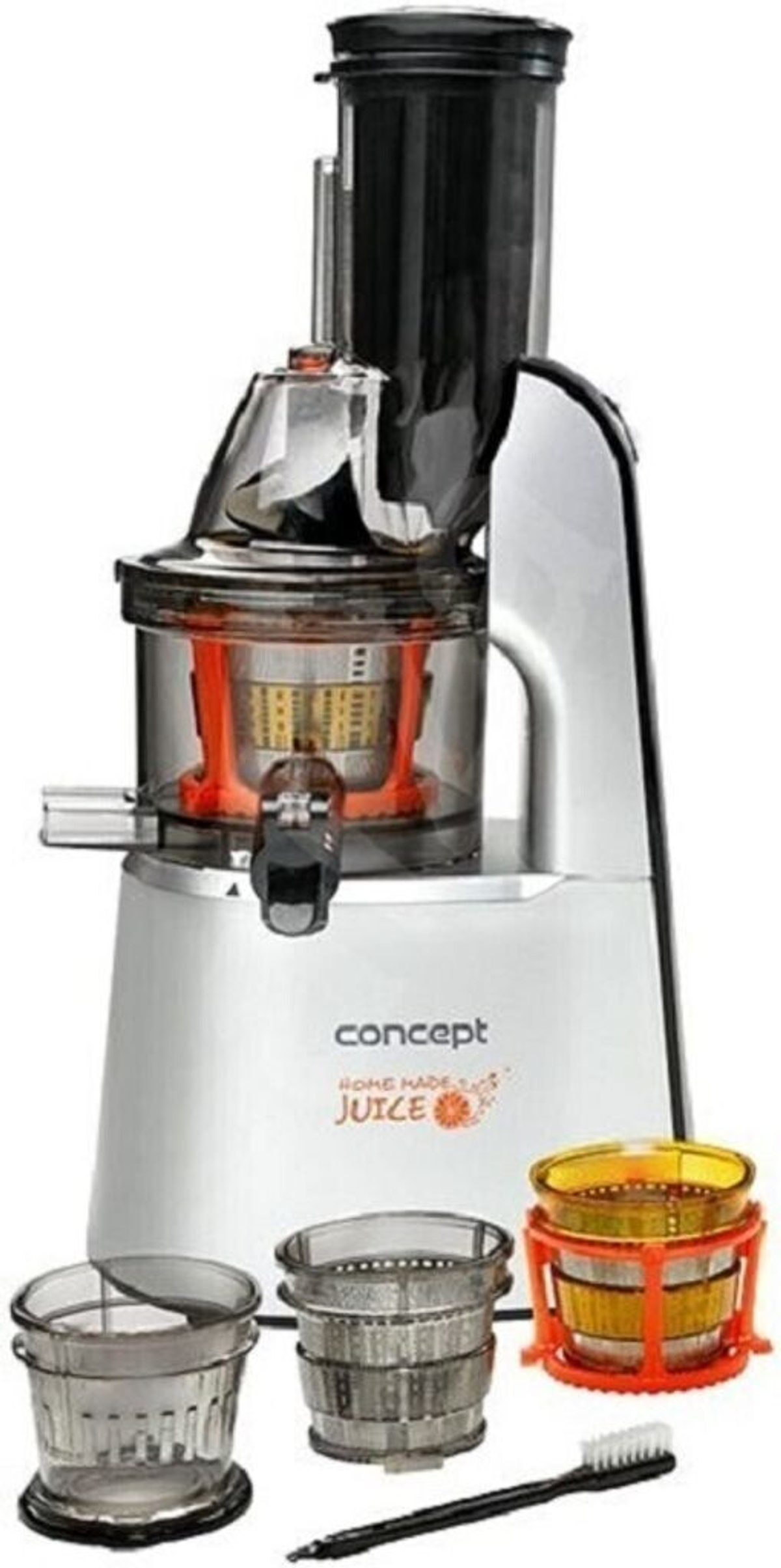 Uno spremiagrumi argento e bianco con vari componenti e una spazzola per la pulizia. Concept Home Made Juice.