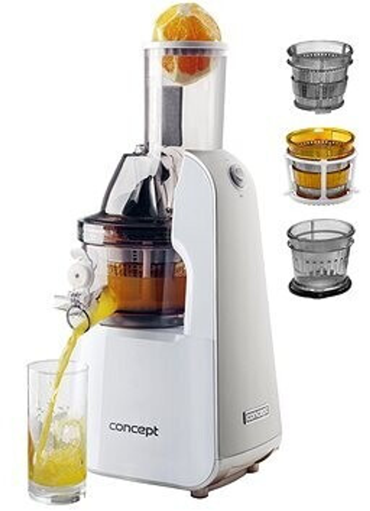 Uno spremiagrumi bianco estrae il succo in un bicchiere, con diversi filtri su uno sfondo bianco.