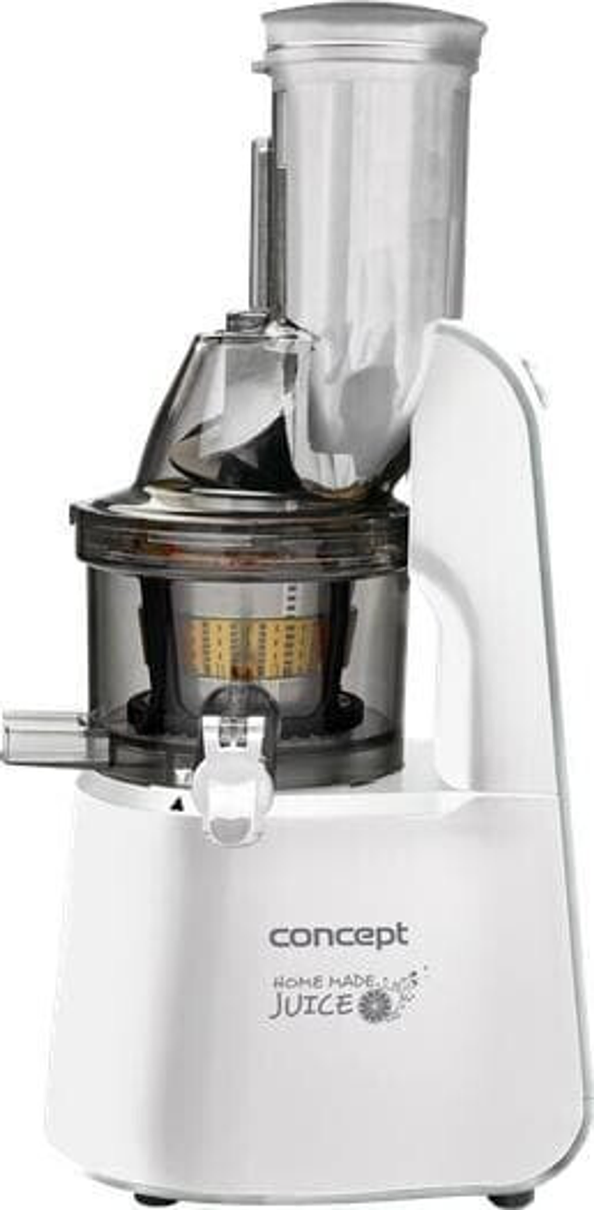 Un estrattore di succo Concept bianco e argento, con un coperchio trasparente e una base bianca.