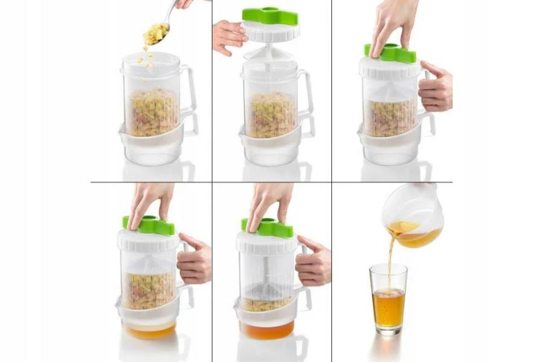 Una sequenza che mostra l'uso di un utensile da cucina per filtrare il cibo cotto in un bicchiere.
