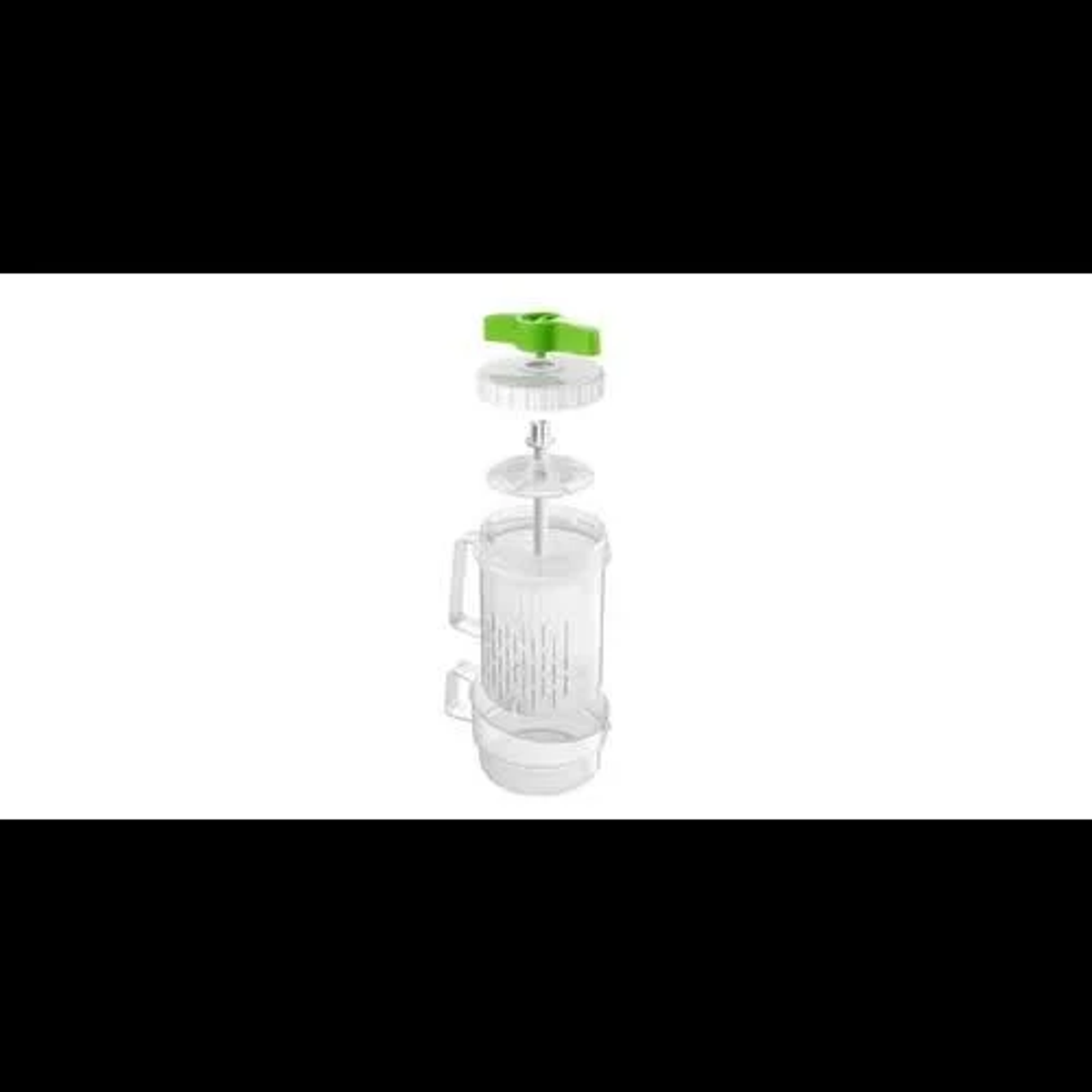 Spremiagrumi manuale smontato, trasparente, con manico verde su sfondo bianco.