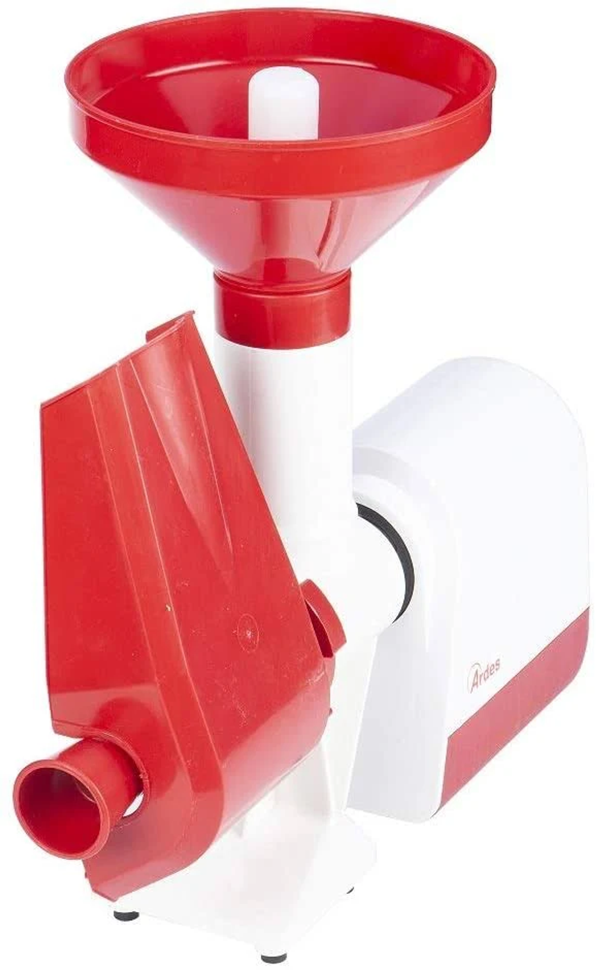 Passapomodoro rosso e bianco. Ha un imbuto, una maniglia e uno scivolo per la polpa.