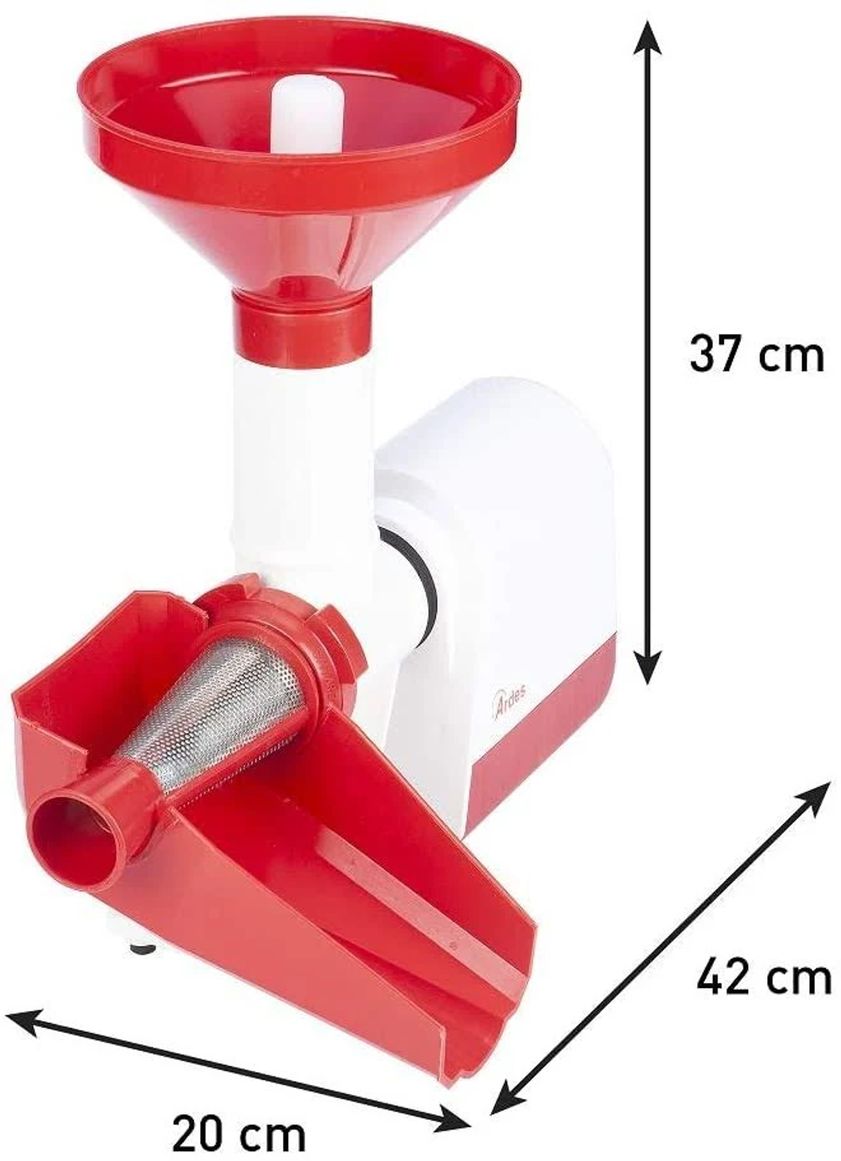 Un passapomodoro bianco e rosso con dimensioni: 20 cm, 37 cm e 42 cm.