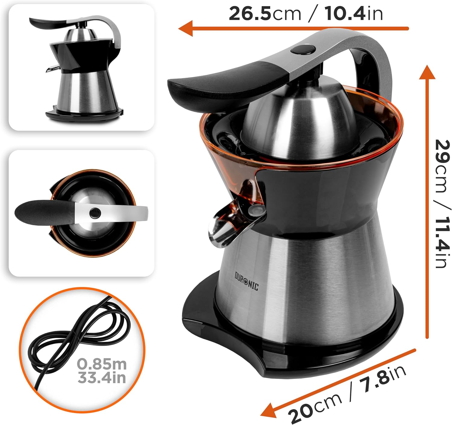 Exprimidor con acabado negro y plateado. Dimensiones visibles. Incluye cable de alimentación y vista superior.