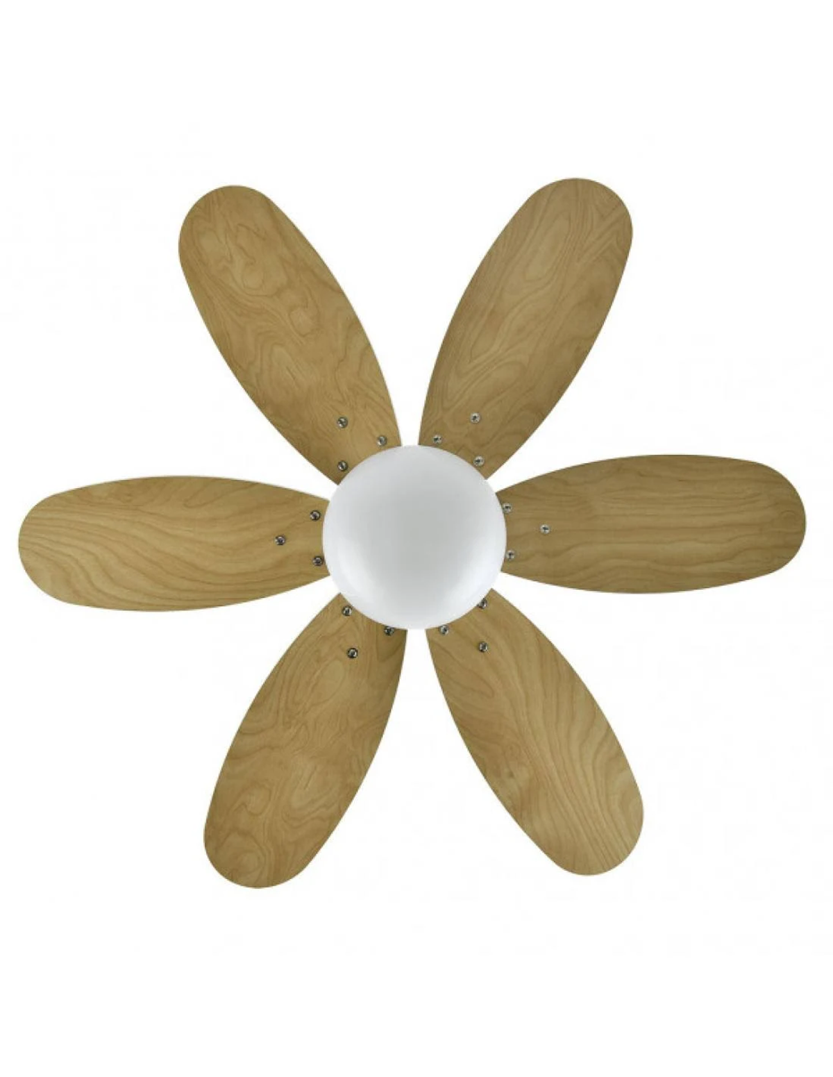 Un ventilador de techo con seis aspas de madera y una lámpara blanca, sobre fondo blanco.