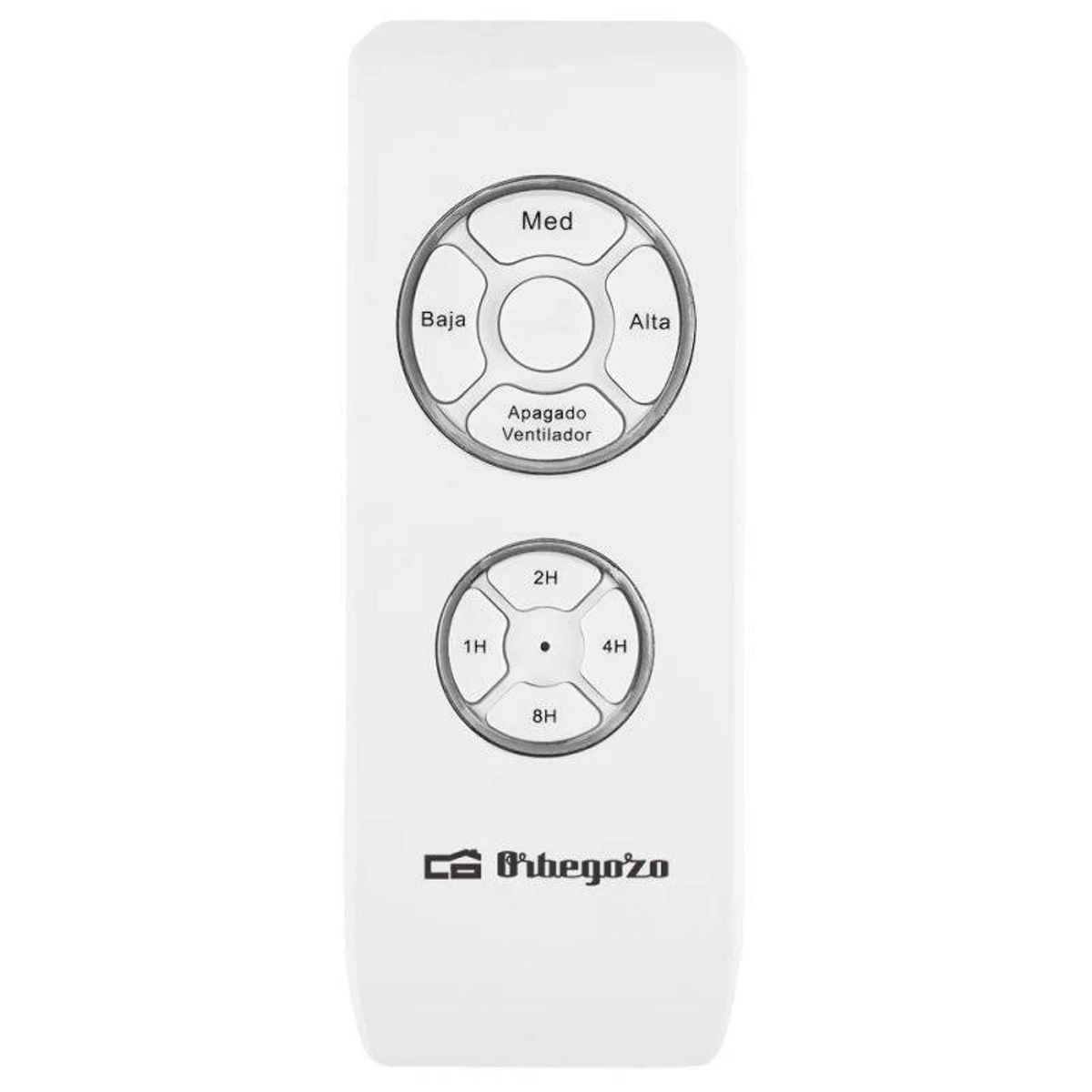 Mando a distancia blanco con botones. Texto en los botones: Med, Baja, Alta, Apagado y Vent.