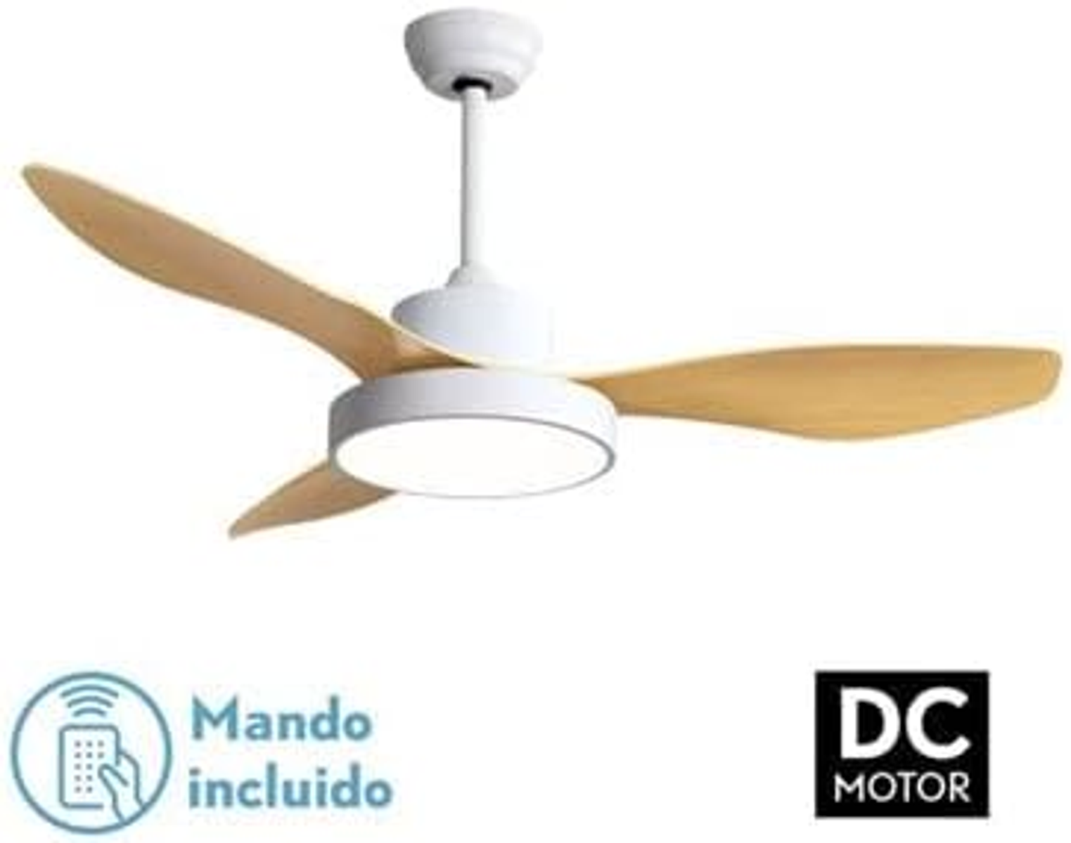 Ventilador de techo blanco con tres aspas de madera y una lámpara redonda.