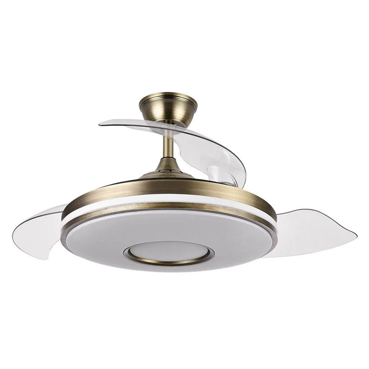 Deckenventilator mit transparenten Blättern, goldfarbenem und weißem Gehäuse und einem zentralen Licht.