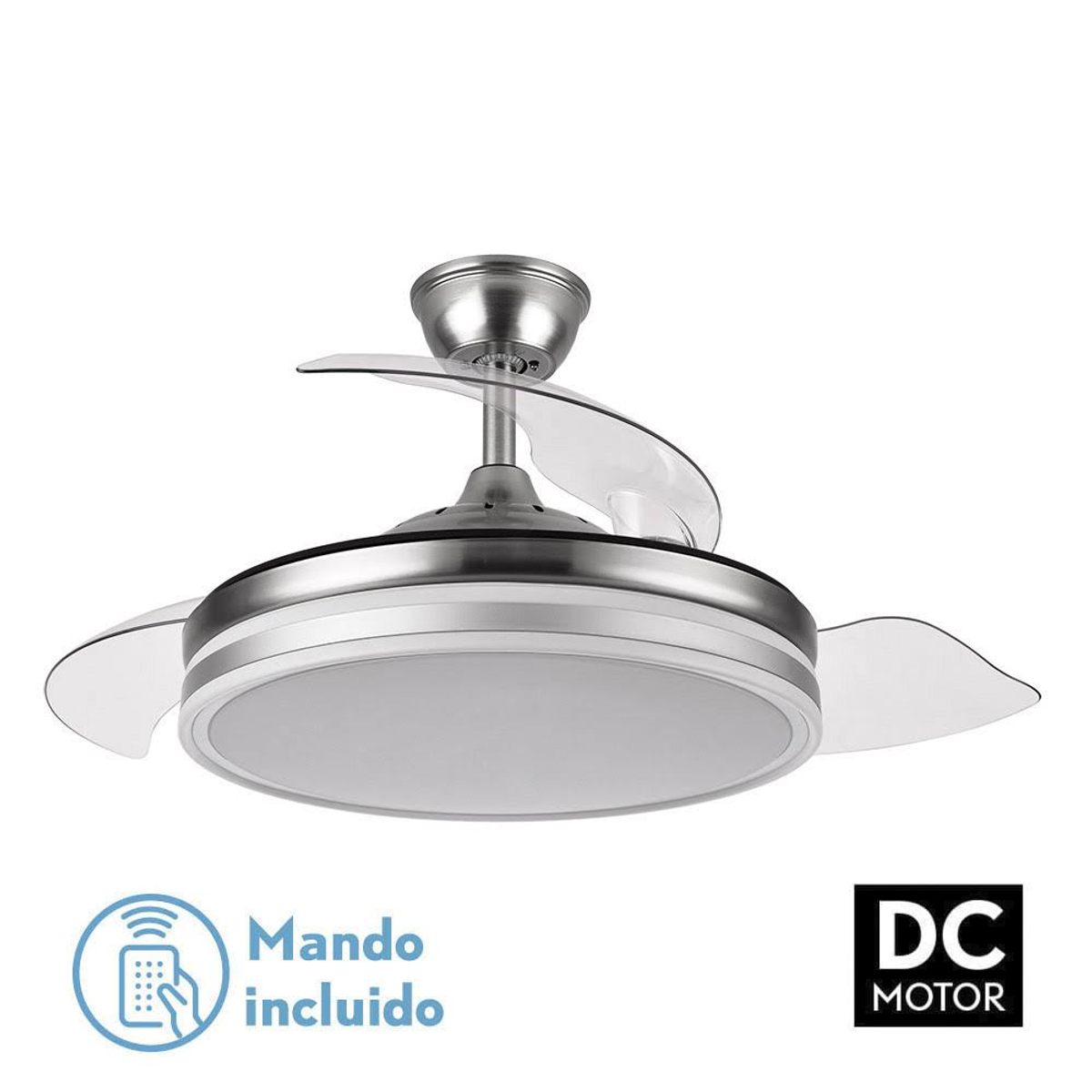 Ventilador de techo con aspas transparentes y motor CC, con icono de mando a distancia.