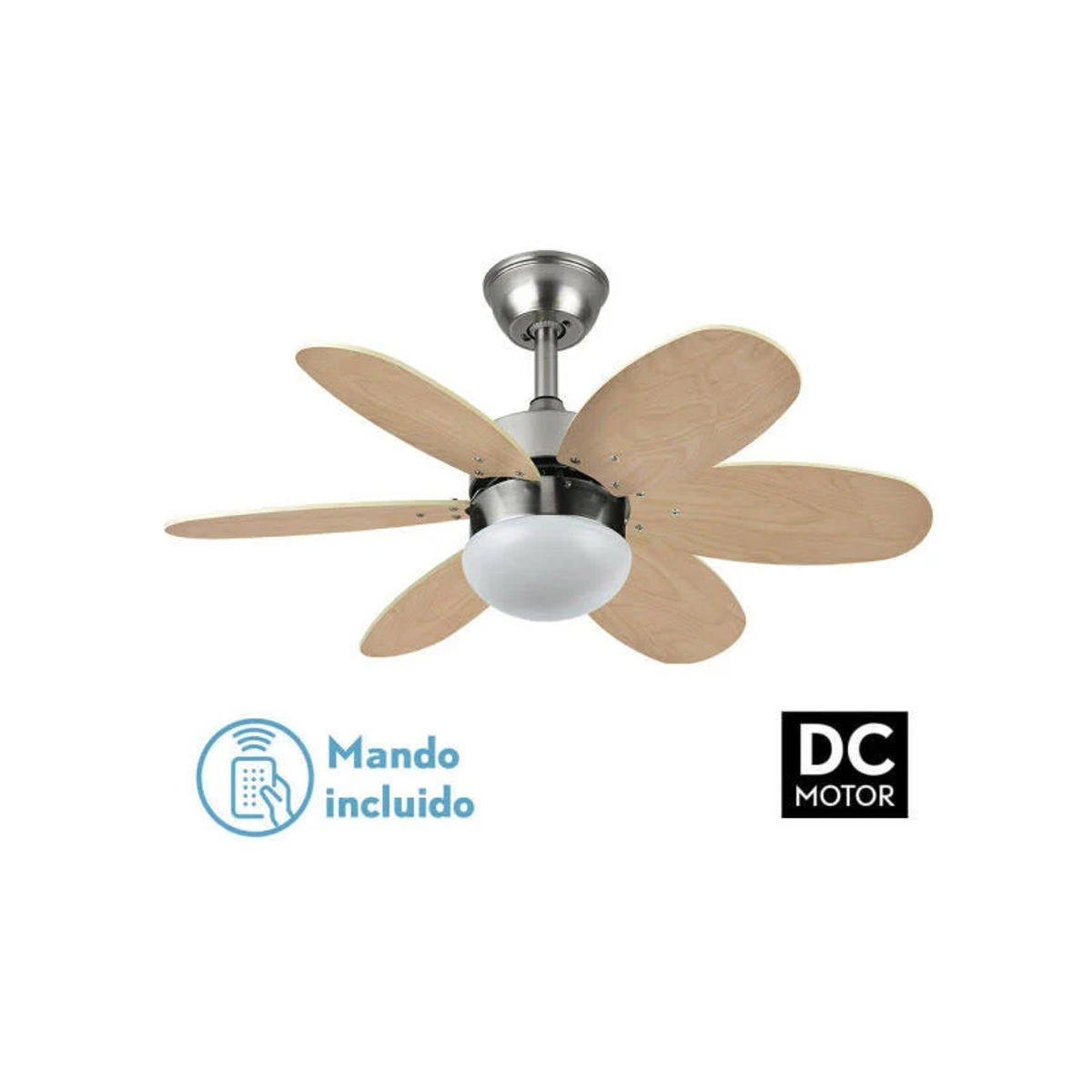 Ventilador de techo con aspas de color claro, una luz de globo blanca y una etiqueta de motor de CC.