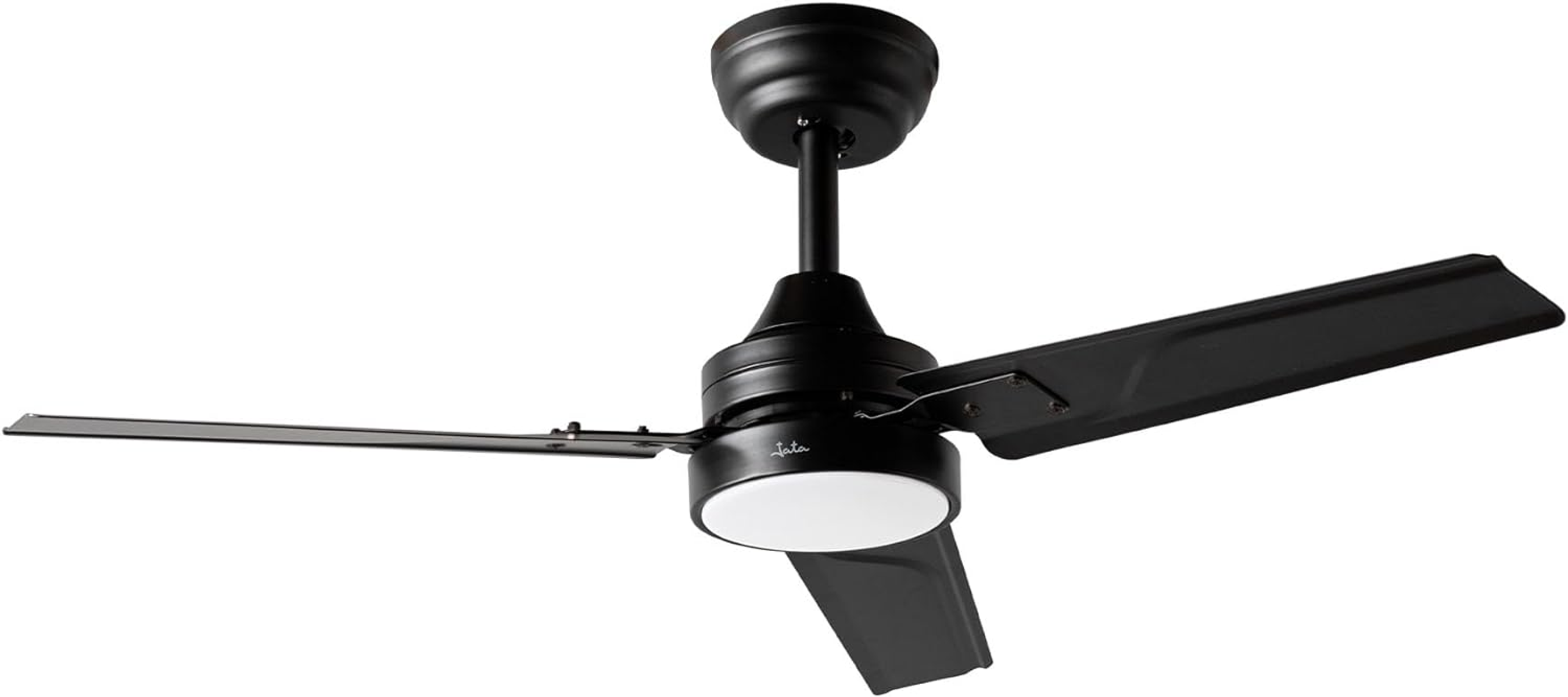 Un ventilatore da soffitto nero con tre pale e una luce circolare.
