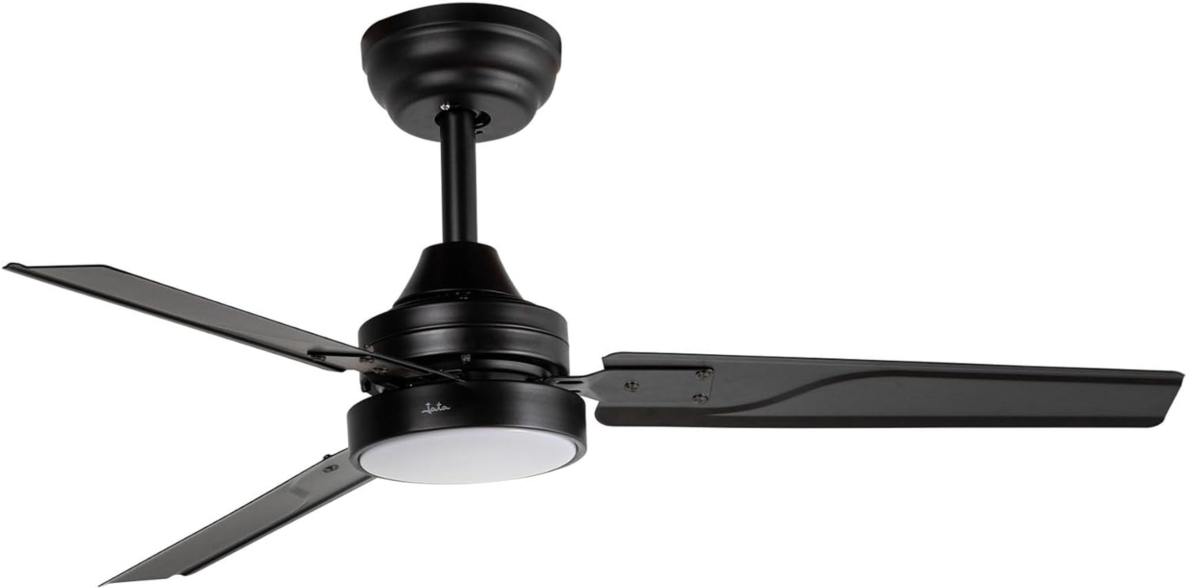 Ventilatore da soffitto nero con tre pale e luce centrale, su sfondo bianco.