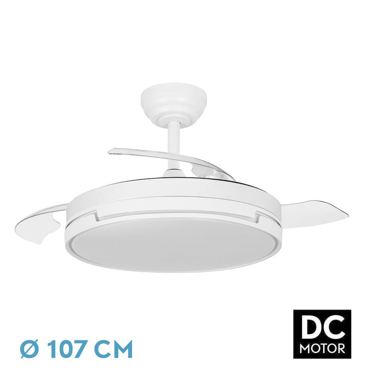 Un ventilatore da soffitto bianco con due pale e un apparecchio di illuminazione circolare, con un'etichetta del motore CC.