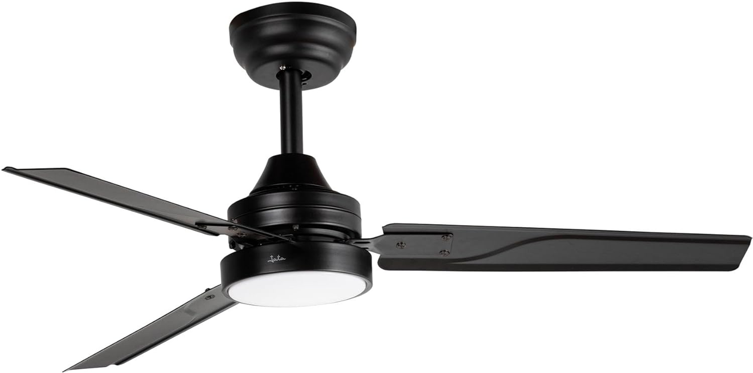 Ventilatore da soffitto nero con tre pale e luce rotonda. Il ventilatore è sul soffitto bianco.