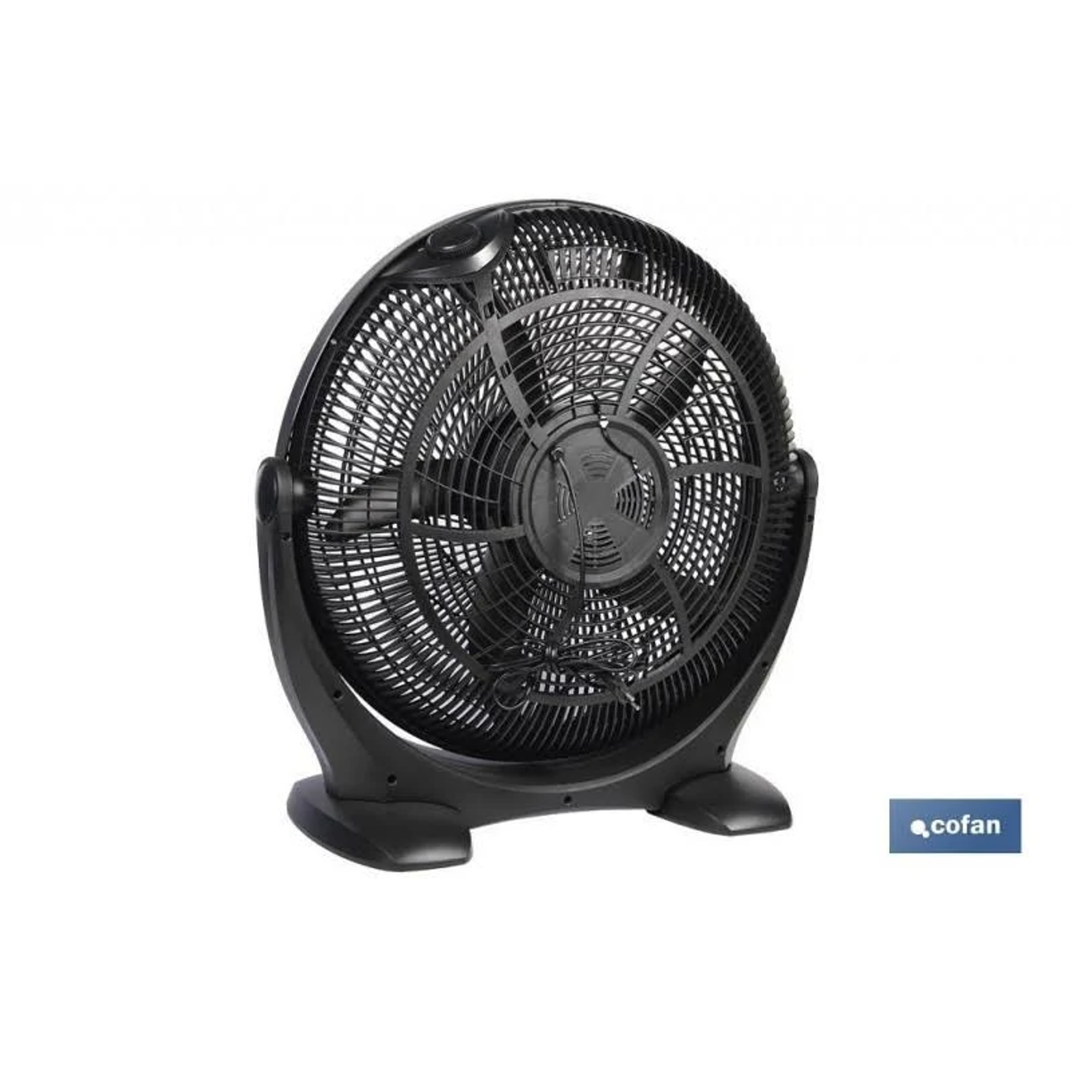 Ventilador negro con jaula redonda, la base es negra. Logotipo 'cofan' en la esquina inferior derecha.