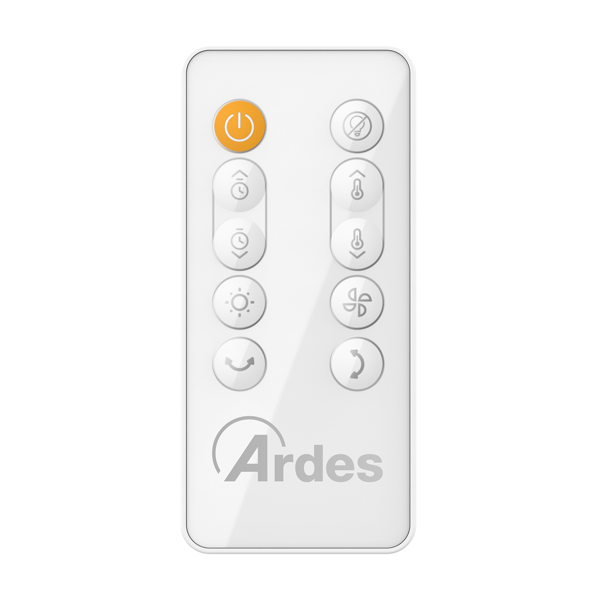 Witte afstandsbediening met knoppen. Heeft een aan/uit-knop en de merknaam Ardes.