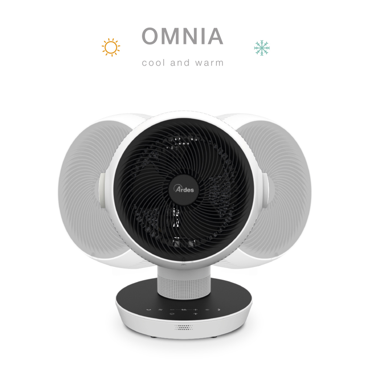 Witte ventilator met drie draaiende bladen en een zwarte basis. Tekst: 'OMNIA cool and warm'.