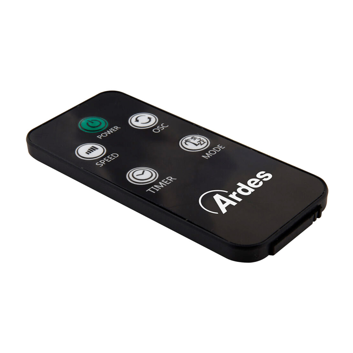 Czarny pilot z przyciskami zasilania, prędkości i timera.