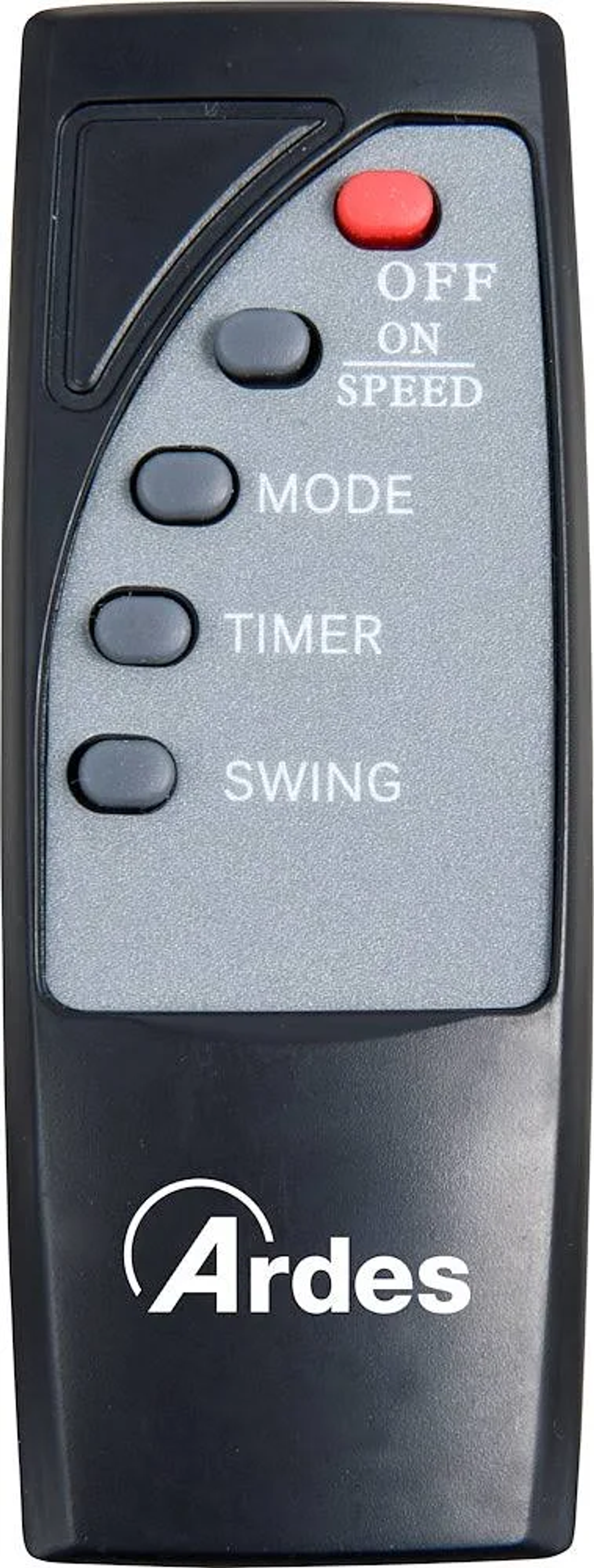 Czarny pilot Ardes z przyciskami: wył./wł., tryb, timer i swing.