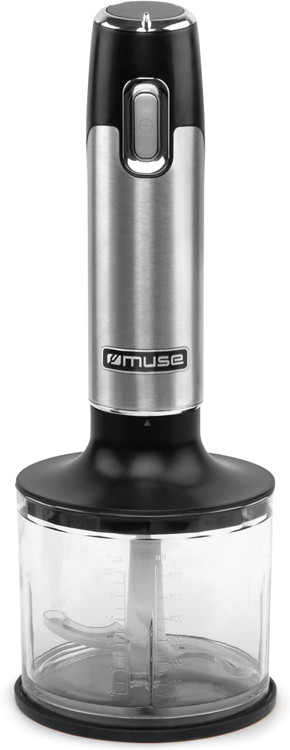 Frullatore a immersione marca Muse con bicchiere miscelatore trasparente, design nero e argento.