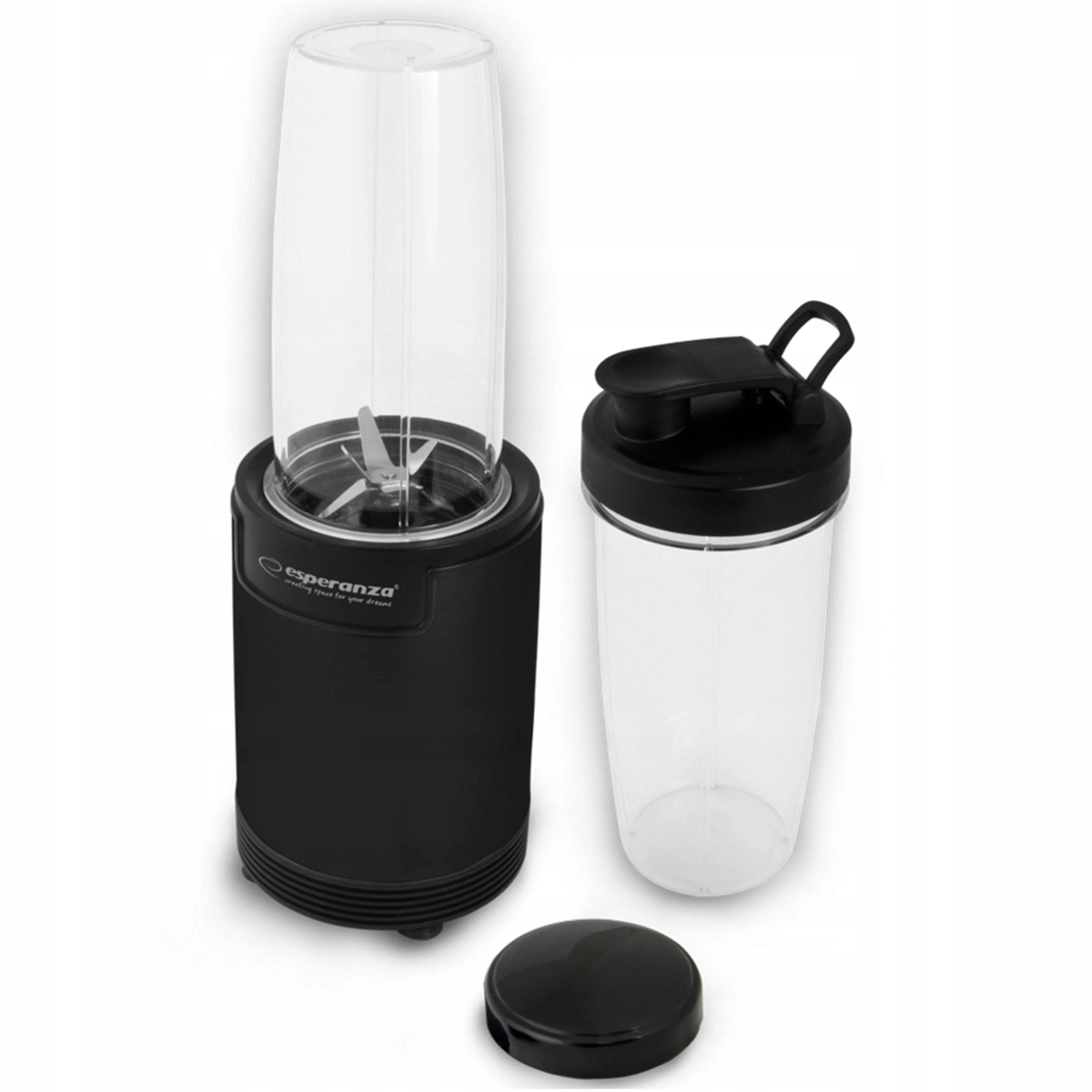 Czarny blender z przezroczystym plastikowym pojemnikiem i oddzielną filiżanką.