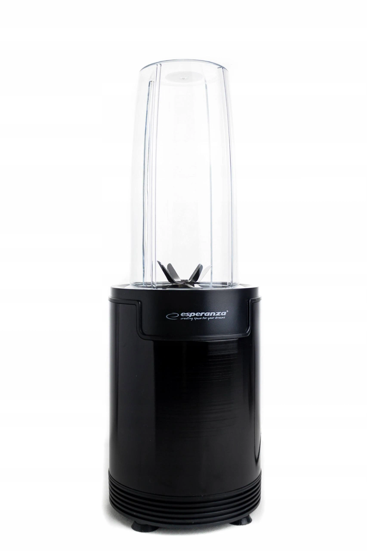Czarny blender Esperanza. Blender jest wysoki i ma przezroczysty pojemnik.