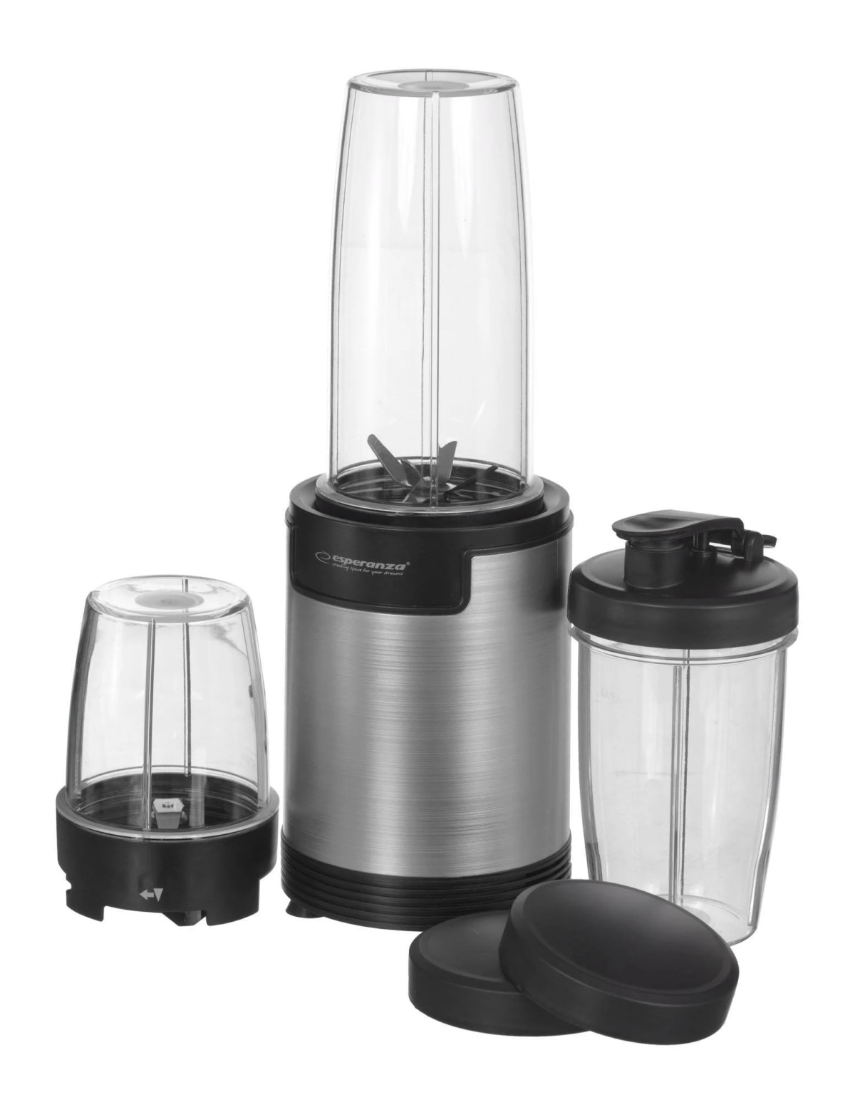 Zestaw blendera z podstawą ze stali nierdzewnej i przezroczystymi pojemnikami. Zawiera pokrywki.