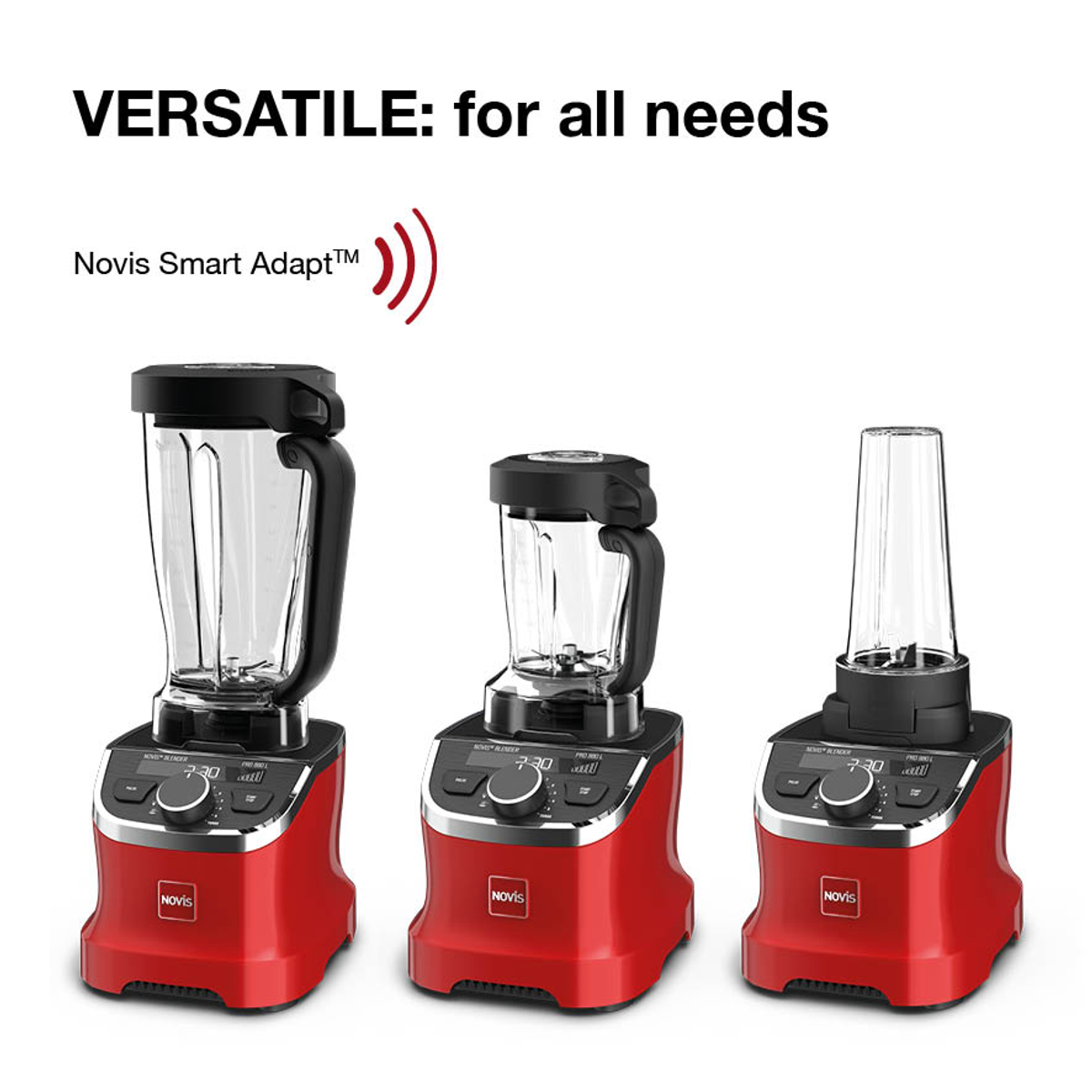 Trzy czerwone blendery z czarnymi górnymi częściami i wyświetlaczami cyfrowymi, obok tekstu: VERSATILE.