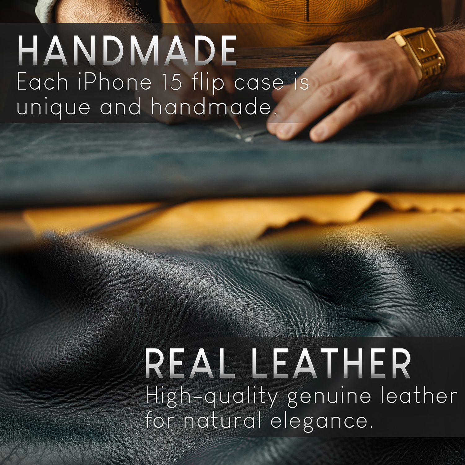 Hände bearbeiten Leder. Text: 'HANDMADE' und 'REAL LEATHER'. Nahaufnahme von Lederstrukturen.