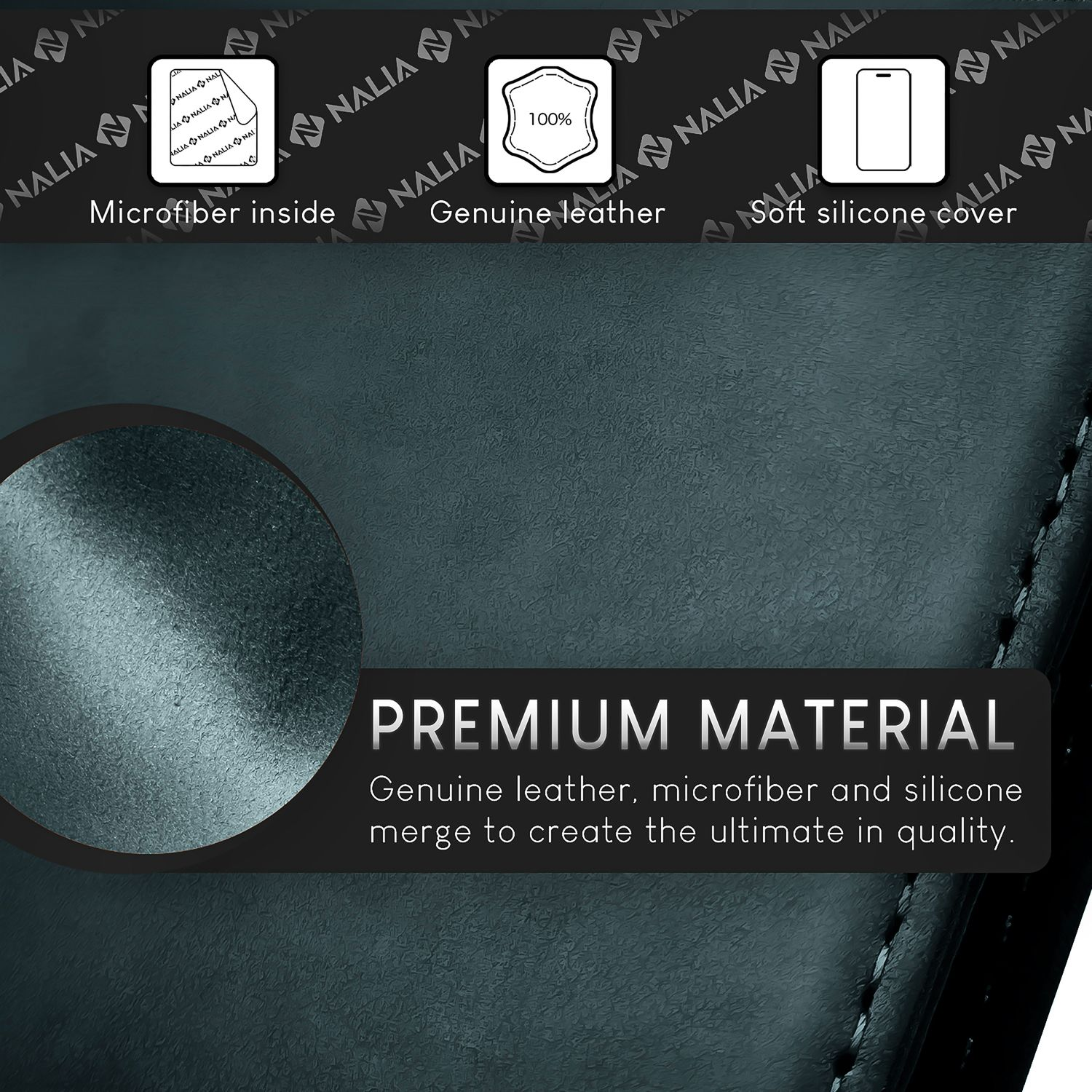 Nahaufnahme eines Gehäuses. Text lautet: Premium Material, Echtes Leder, Mikrofaser und Silikon verschmelzen.