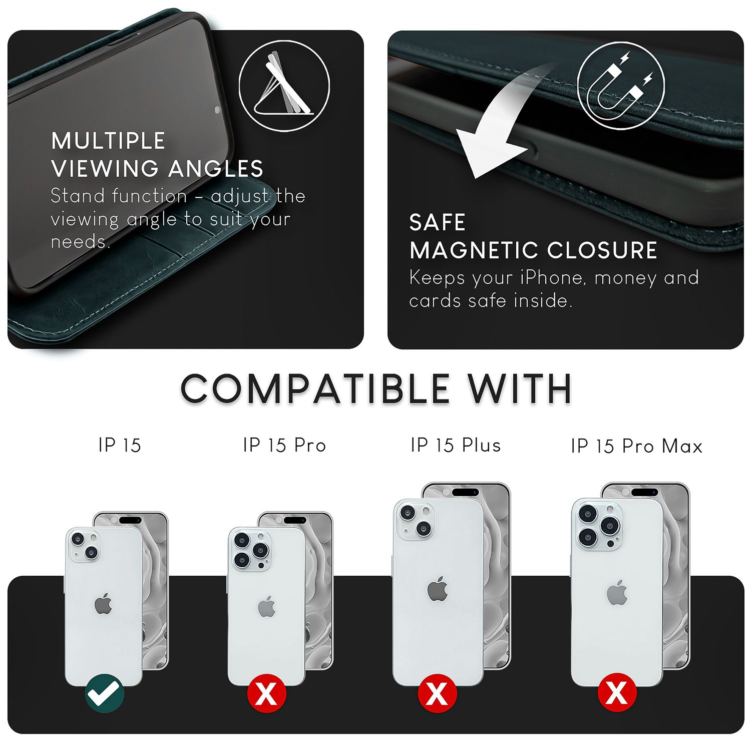 Bilder einer Handyhülle mit mehreren Betrachtungswinkeln, Magnetverschluss und Kompatibilitätsinformationen für Handymodelle.