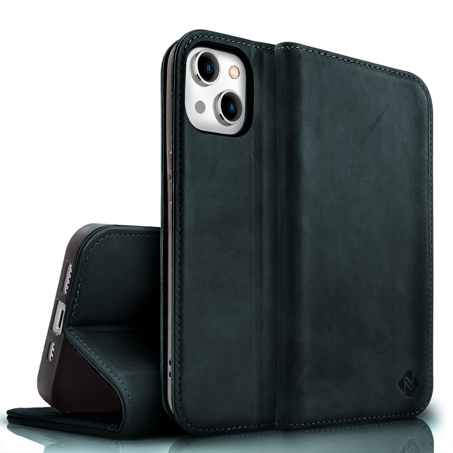 Geöffnete schwarze Handyhülle, das Telefon zeigend. Lederoptik.
