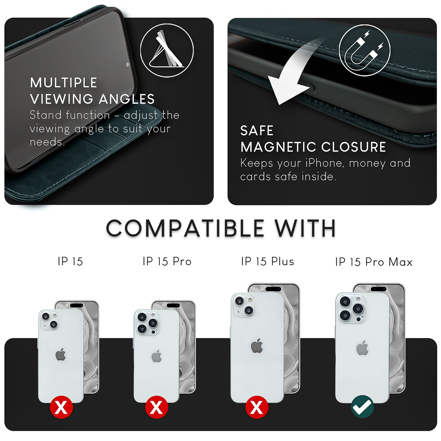 Diagramm mit mehreren Betrachtungswinkeln der Handyhülle. Kompatibel mit iPhone 15 Pro Max.