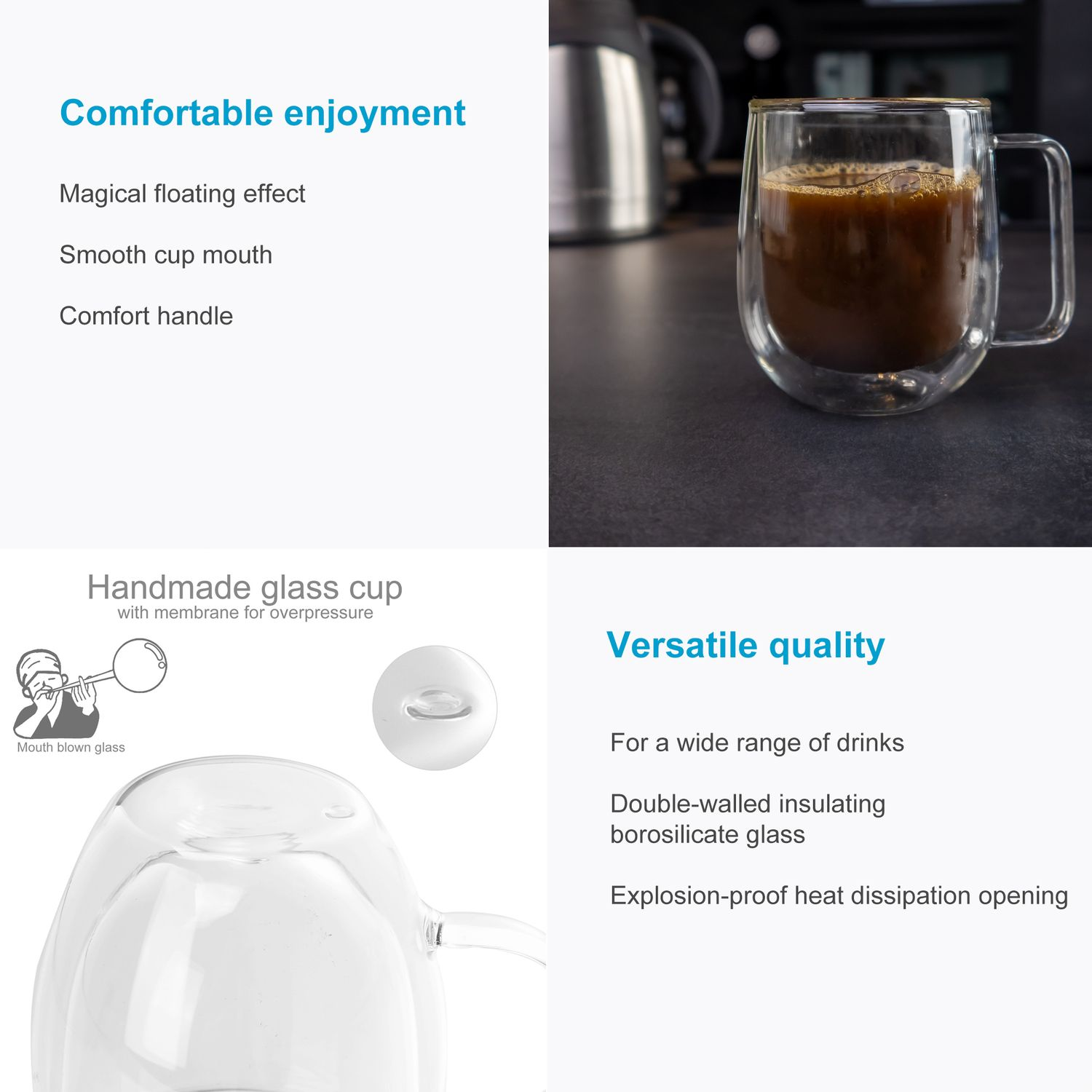 Zwei Gläser mit Kaffee, Text und Glaskomponenten werden auf dunklem Hintergrund gezeigt.