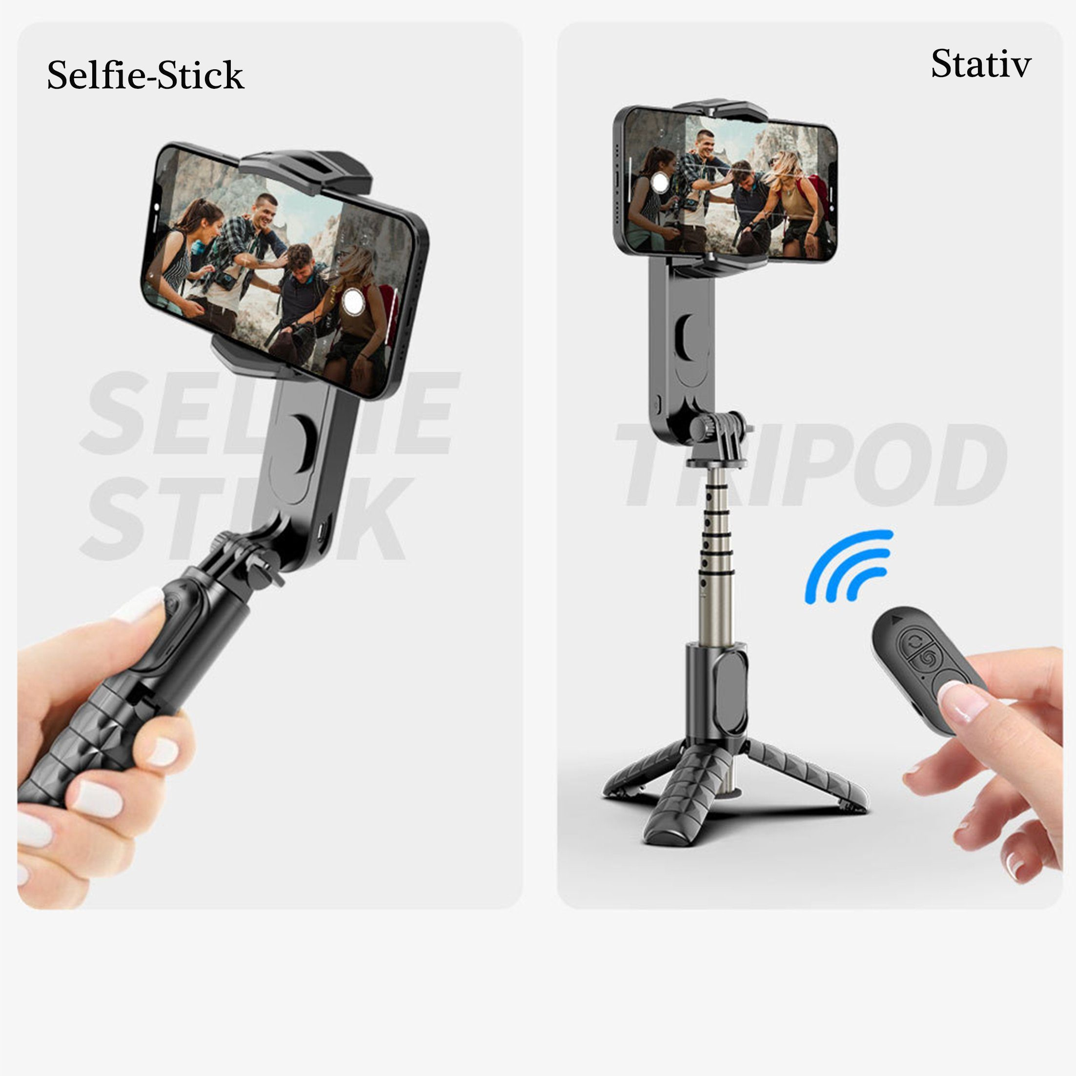 Selfie-Stick und Stativ mit Telefon mit Personen. Fernbedienung in der Hand.