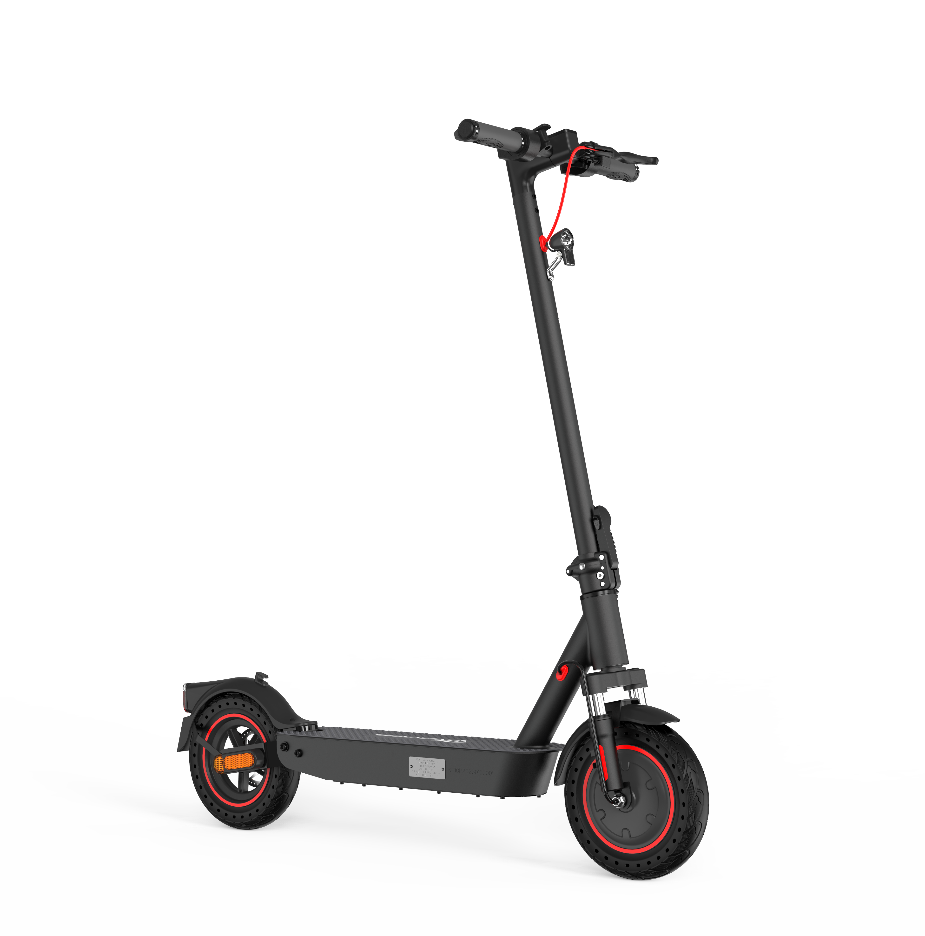 Czarny skuter elektryczny z czerwonymi akcentami na białym tle, czarne tło.